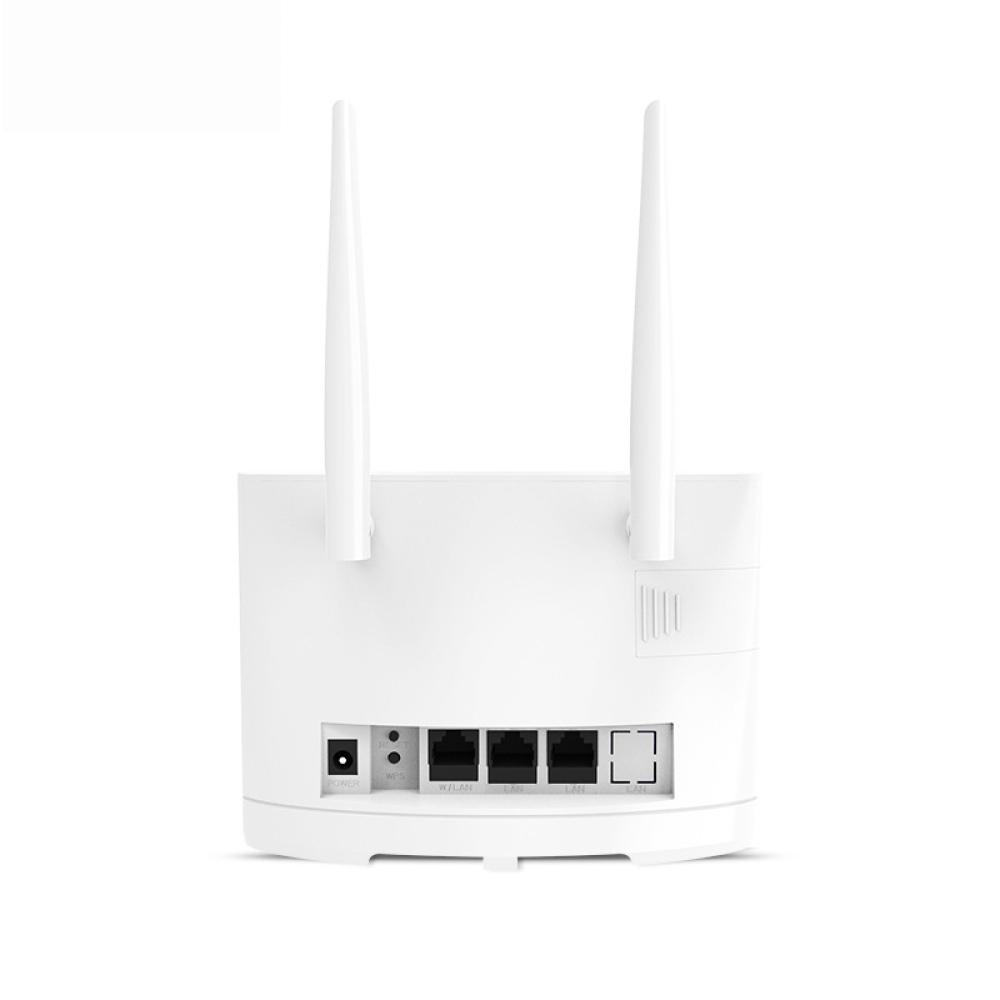 Weißer Router, Rückansicht. Hat Anschlüsse für Strom, WPS, LAN und einen Anschluss mit Klammer.
