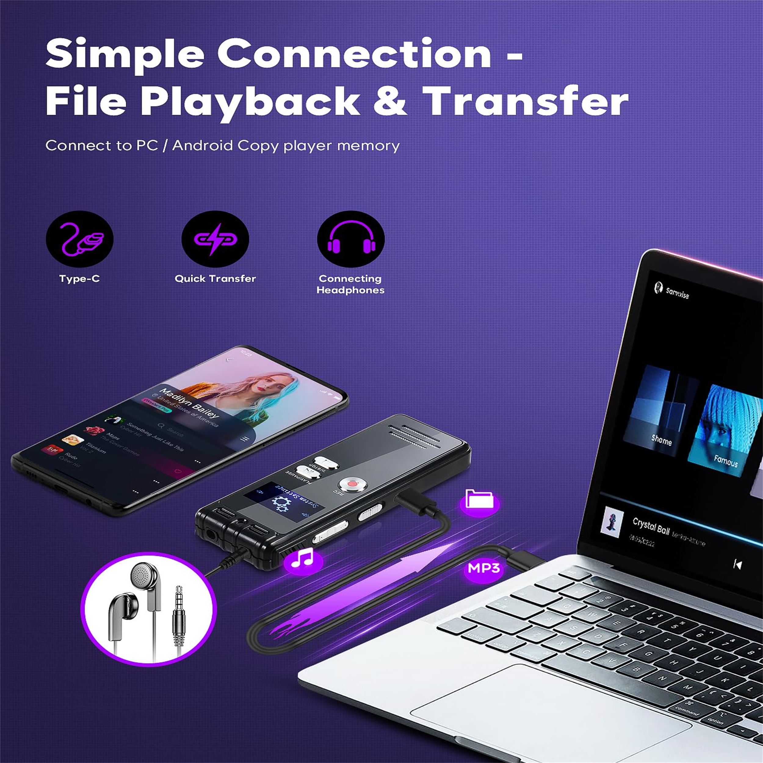 Ein Smartphone, ein Rekorder und ein Laptop sind verbunden. Der Rekorder hat Kopfhörer und eine MP3-Datei.