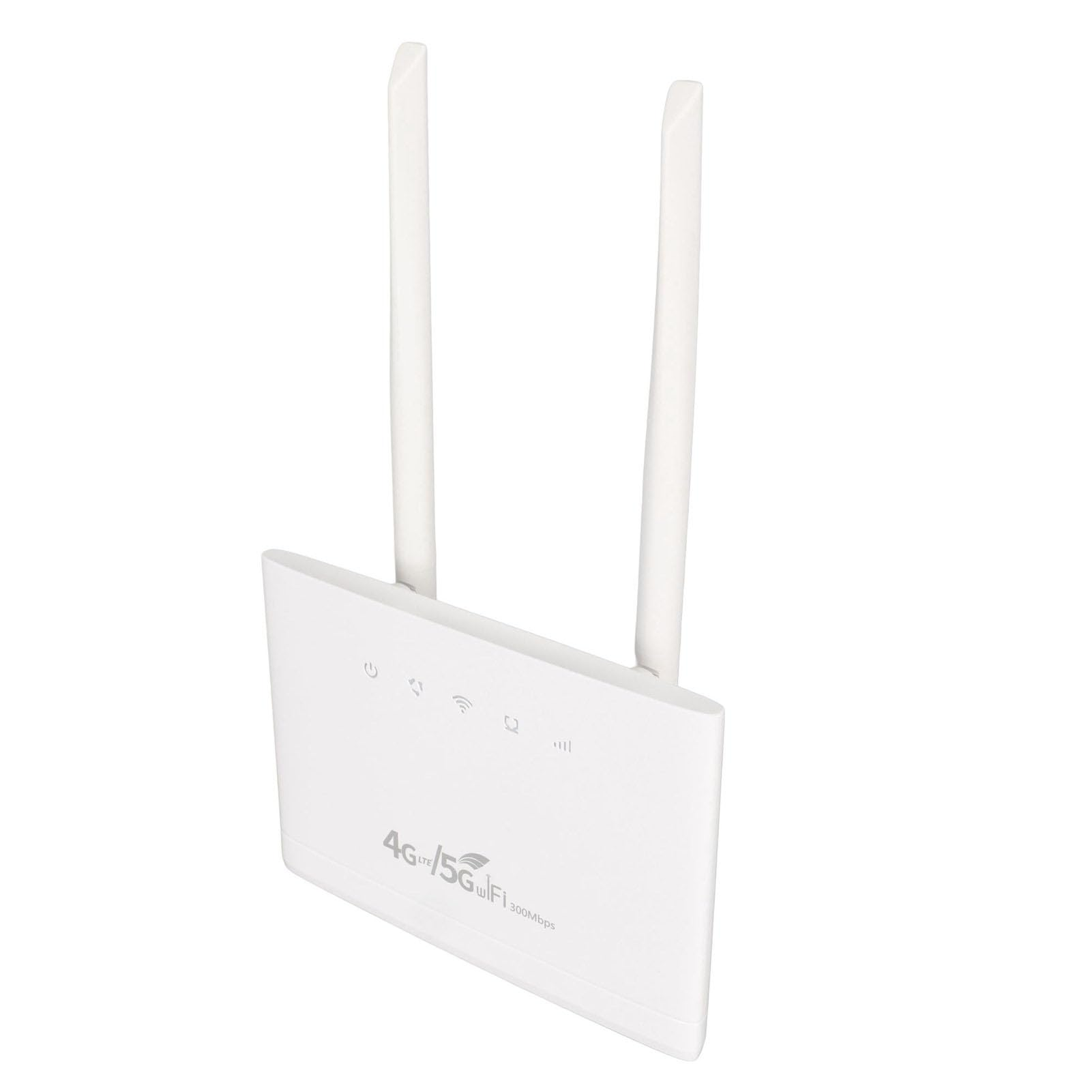 Weißer Router mit Antennen. Text: 4G/5G WLAN 300Mbit/s. Antennen sind weiß und hoch.