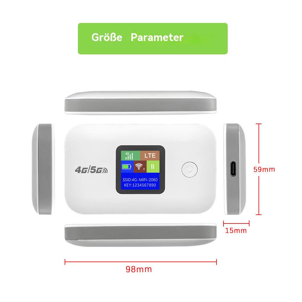 Ein weißer 4G/5G Wi-Fi-Router. Abmessungen werden zusammen mit dem Bildschirm und Details angezeigt.
