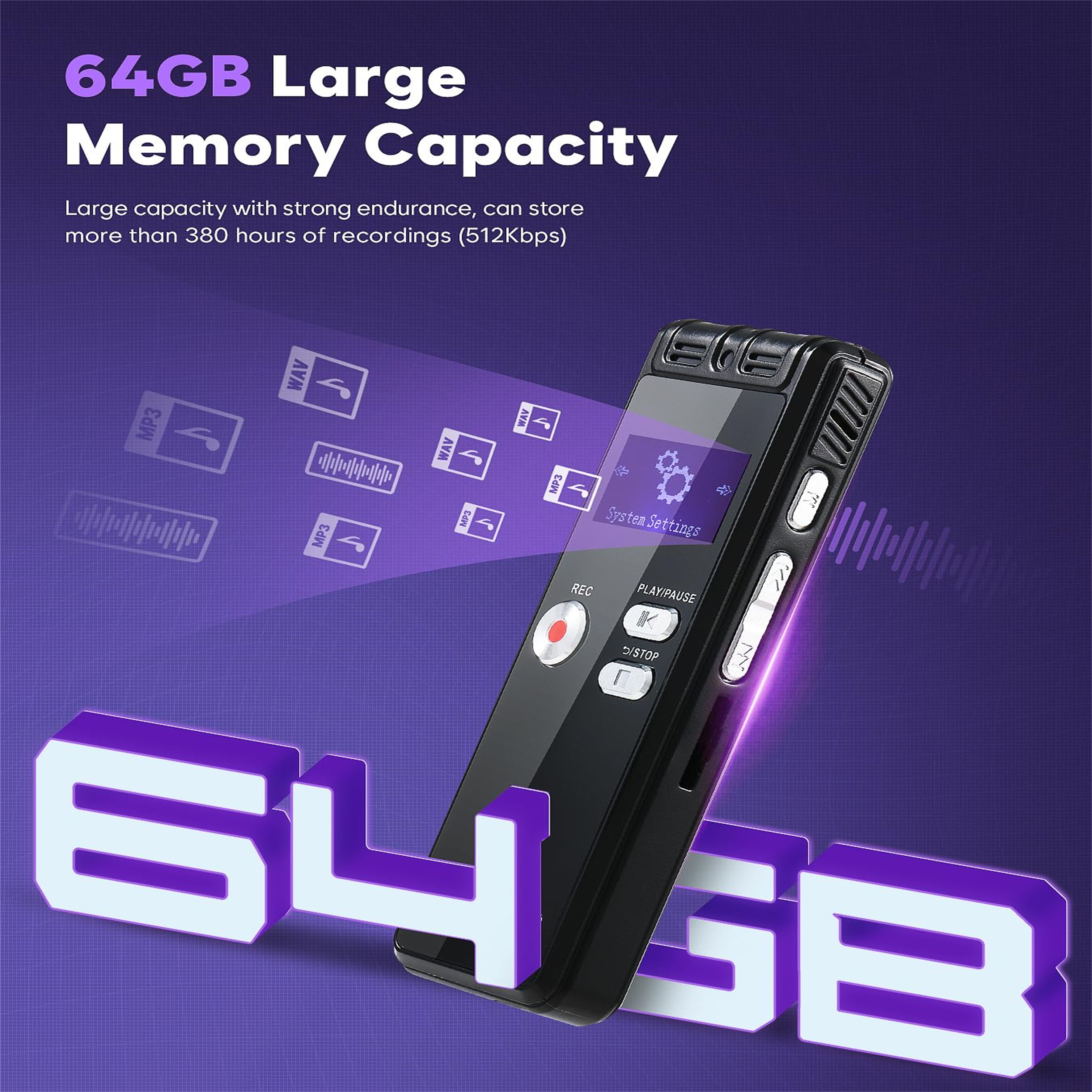 Schwarzer Diktiergerät mit Bildschirm und Tasten, mit 64 GB Text. Lila Hintergrund.