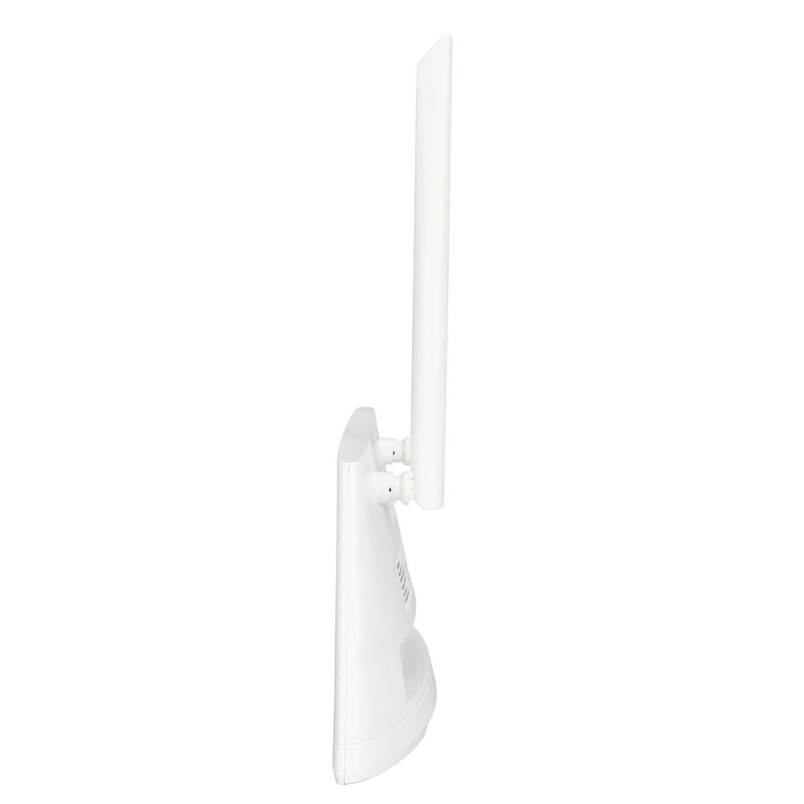 Weißer Router mit einer Antenne. Seitenansicht. Die Antenne ist weiß und lang.