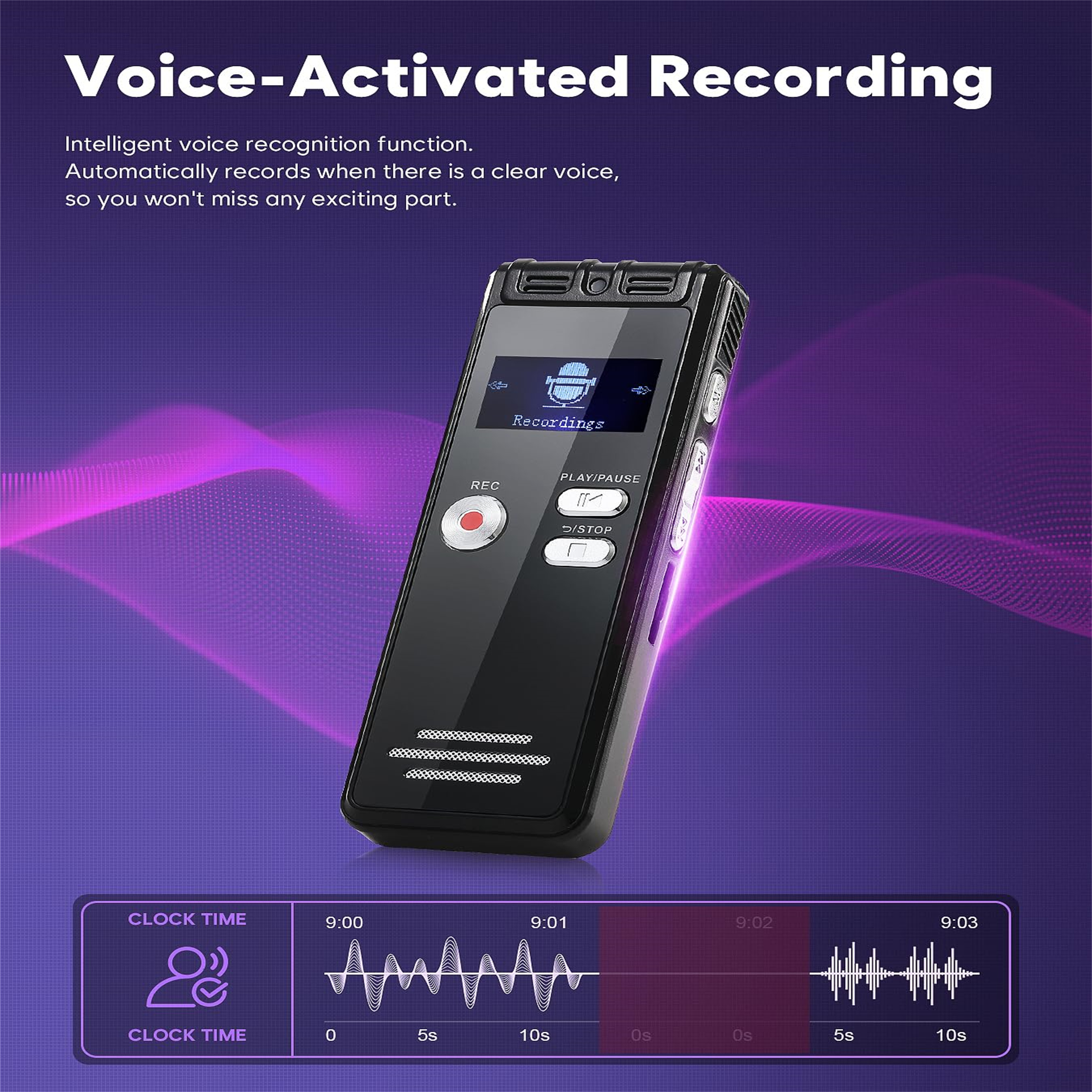 Schwarzer Voice Recorder mit Bildschirm, REC-Taste und einem rosa Wellendesign auf lila Hintergrund.