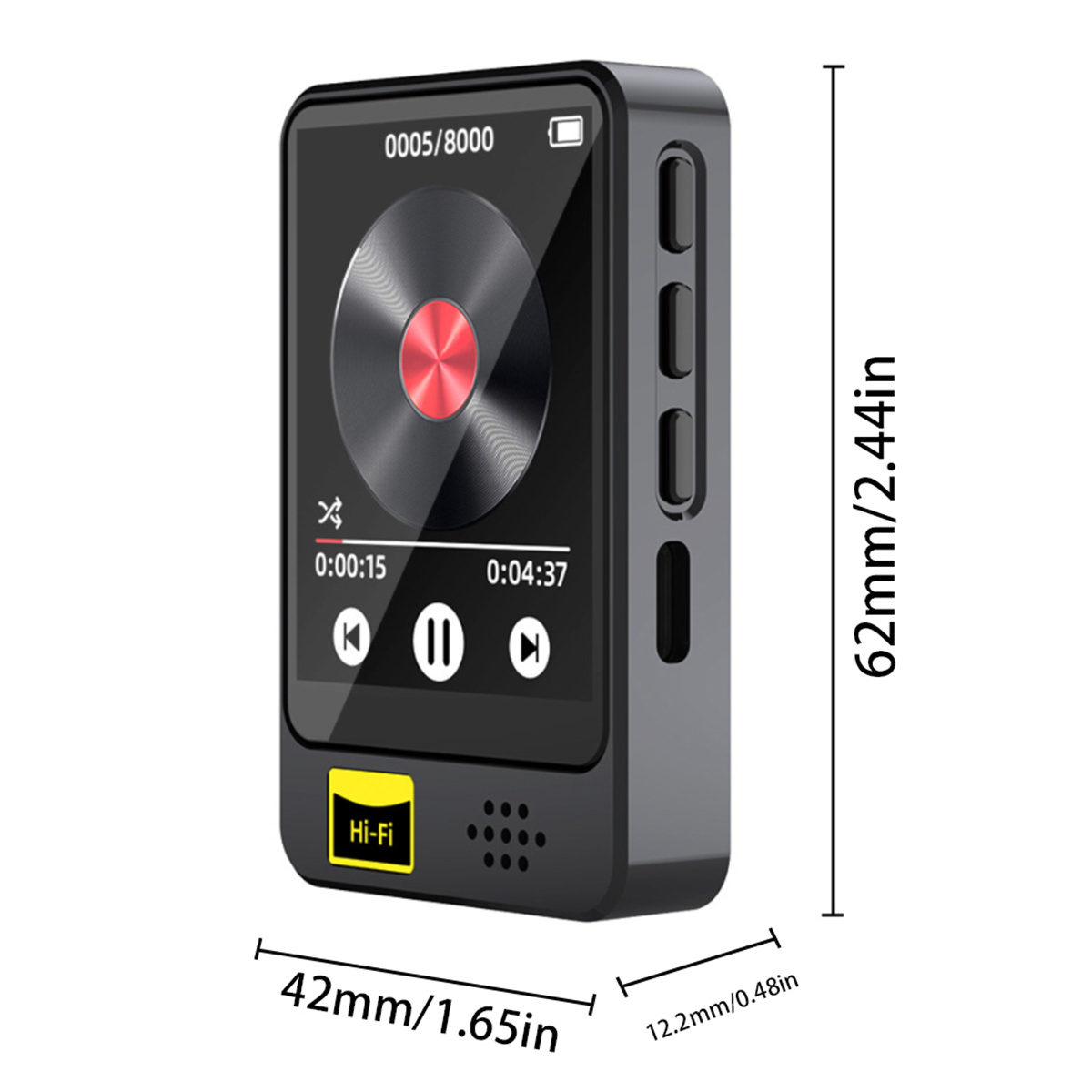 Schwarzer digitaler Musikplayer mit angezeigten Abmessungen. Weißer Hintergrund.
