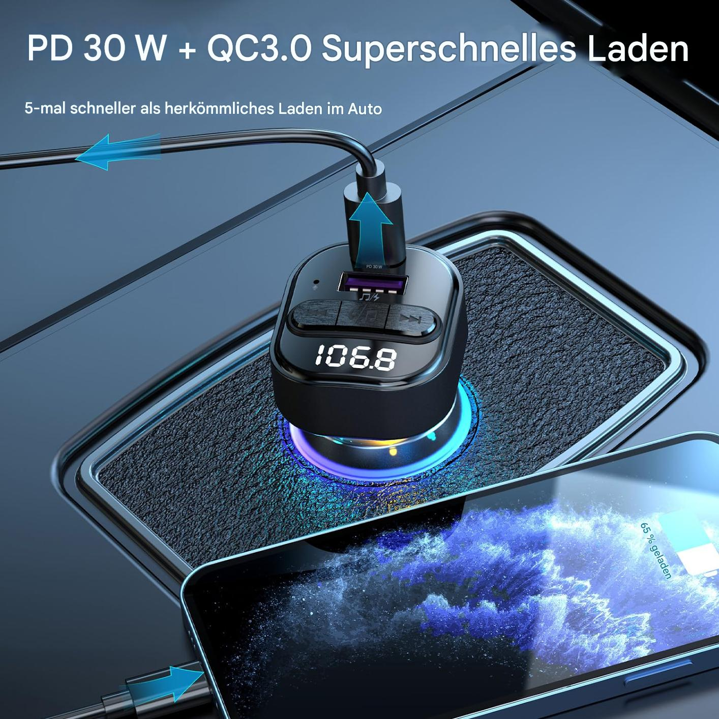 Autoladegerät mit USB-Anschluss, Telefonladung und Display mit 106,8, mit blauem und violettem Glühen.