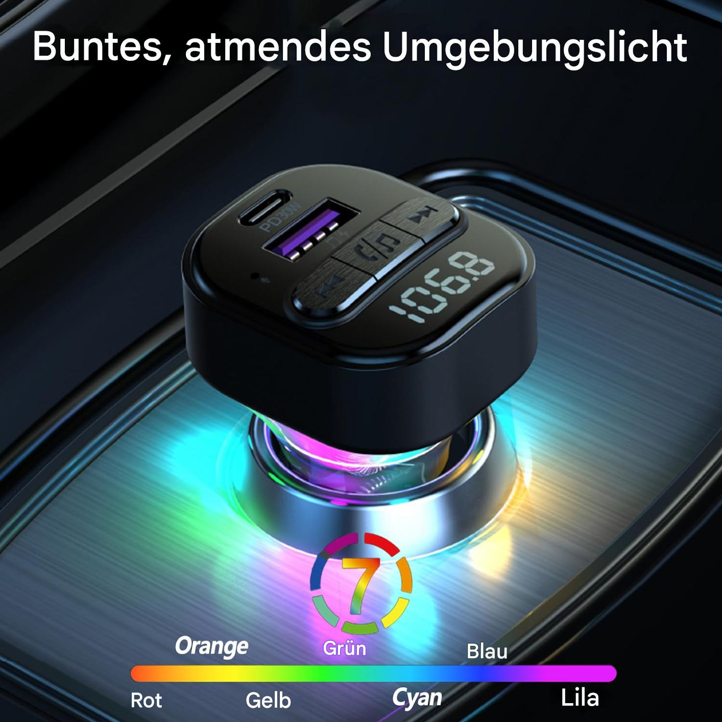 Schwarzes Autoladegerät mit farbigen Lichtern, Knöpfen, einem Bildschirm mit 106,8 und einer Farbspektrum-Tabelle.