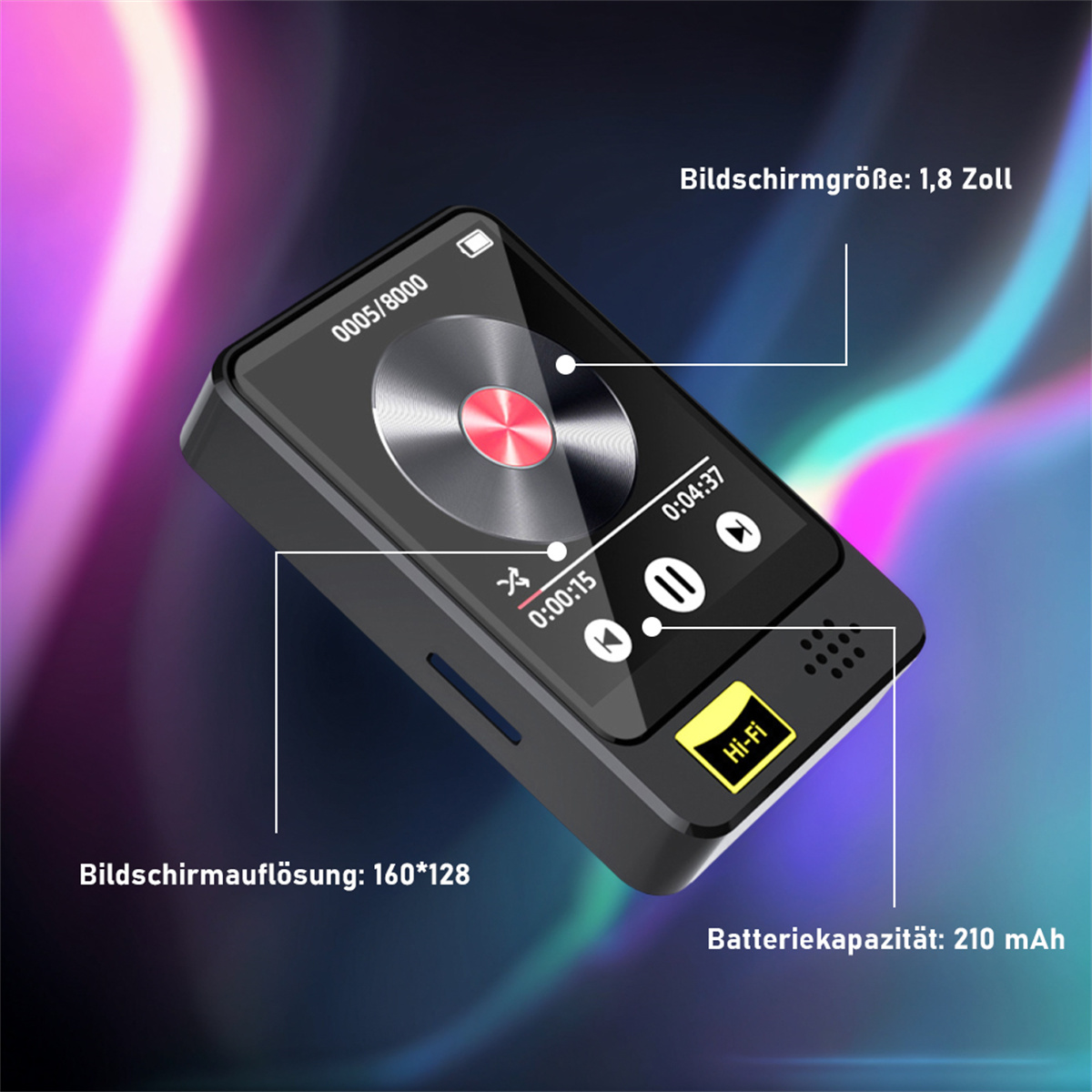 Schwarzer Musikplayer mit Bildschirm, der Songinfos und ein rotes kreisförmiges Design anzeigt, mit Hi-Fi-Label.