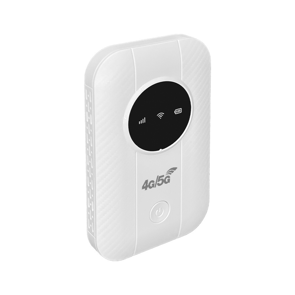 Weißes 4G/5G mobiles Wi-Fi-Gerät mit schwarzem Display, das Signal-, Wi-Fi- und Akkusymbole zeigt.