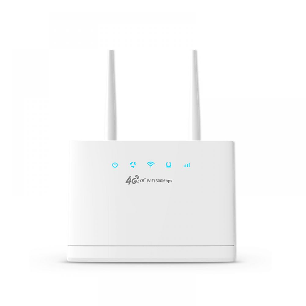 Weißer Router mit zwei Antennen, Strom-, WLAN- und Signalindikatoren, 4G LTE und 300 Mbit/s-Label.