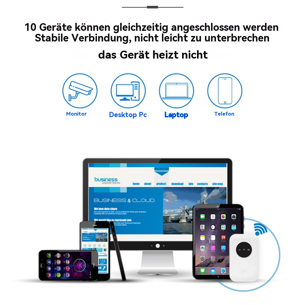 Geräte, die mit einer Website auf einem Monitor verbunden sind. Enthält Telefon, Laptop, Desktop und Wi-Fi-Gerät.