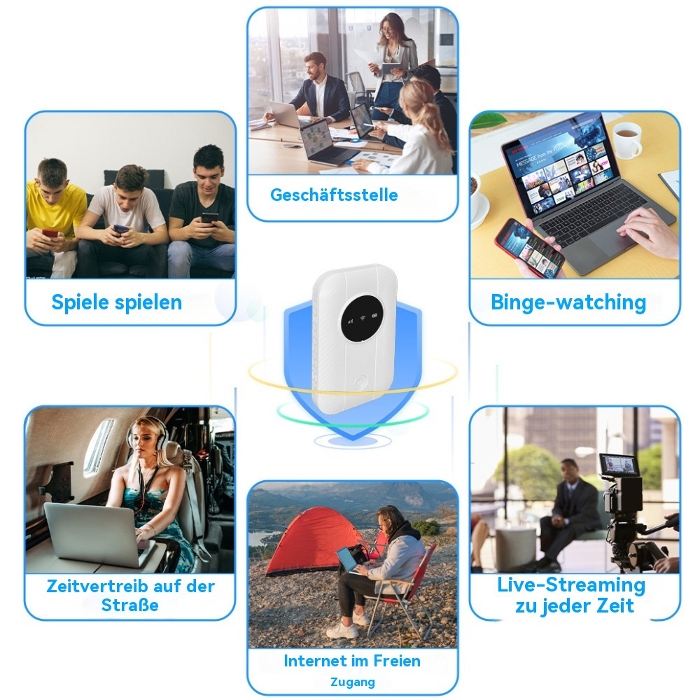 Bilder, die Menschen bei der Nutzung eines Geräts in verschiedenen Umgebungen zeigen: Spielen, Homeoffice und Streaming.