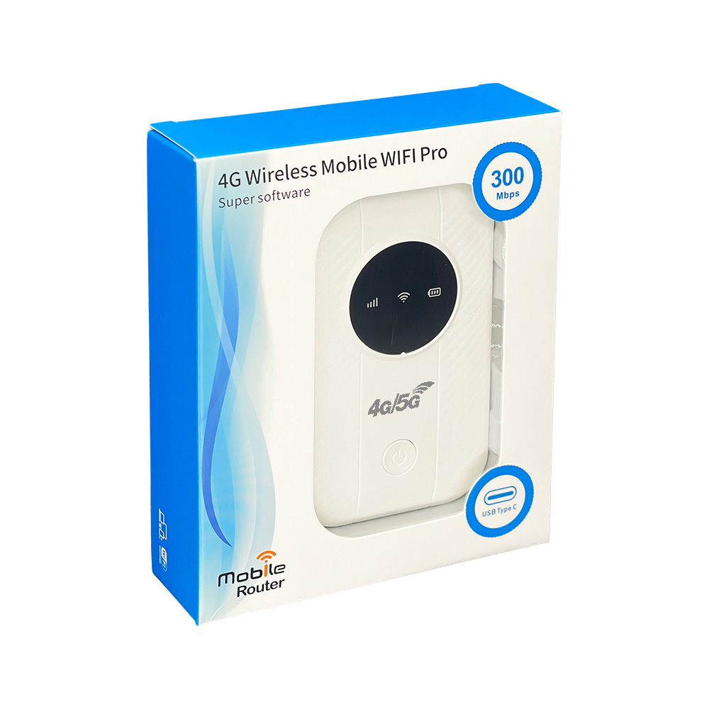 Mobiler Wi-Fi-Router in einer Box. Er ist weiß, hat einen schwarzen Bildschirm und einen USB-Typ-C-Anschluss.