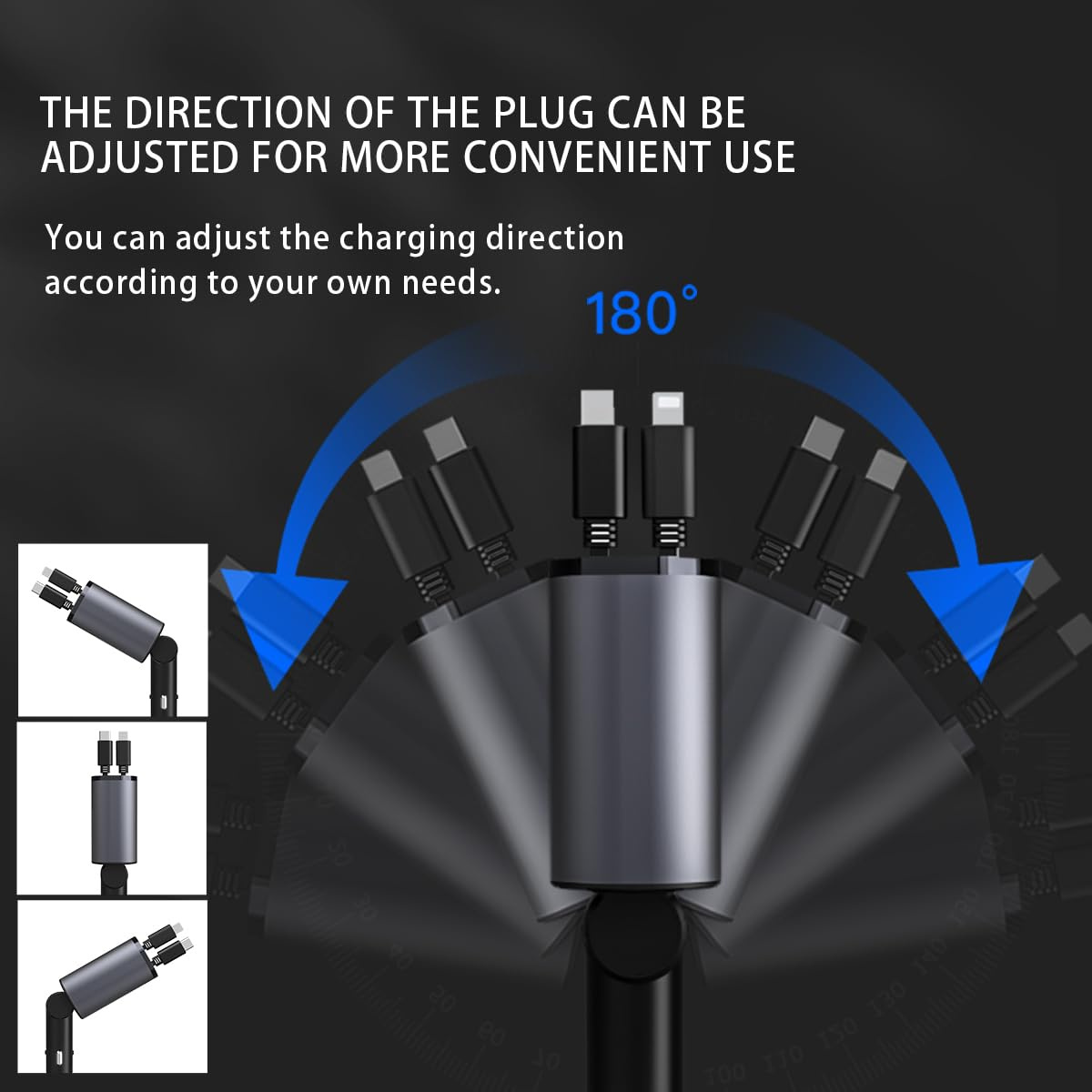 USB-Ladeadapter mit einstellbarer Steckerrichtung. Zeigt verschiedene Winkel für eine bequeme Nutzung.