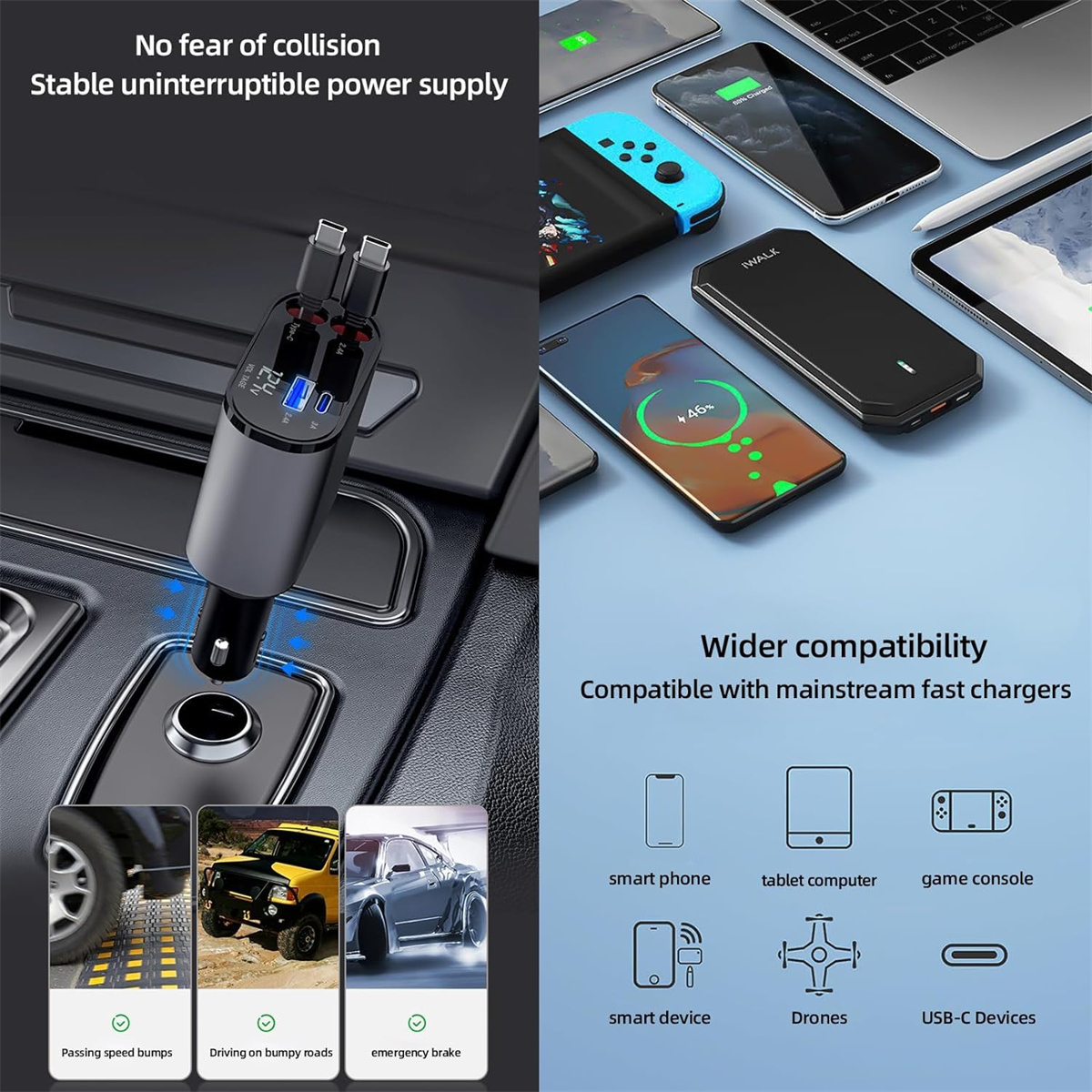 Ein schwarzes Autoladegerät mit USB-Anschlüssen und Illustrationen zur Sicherheit und Kompatibilität.