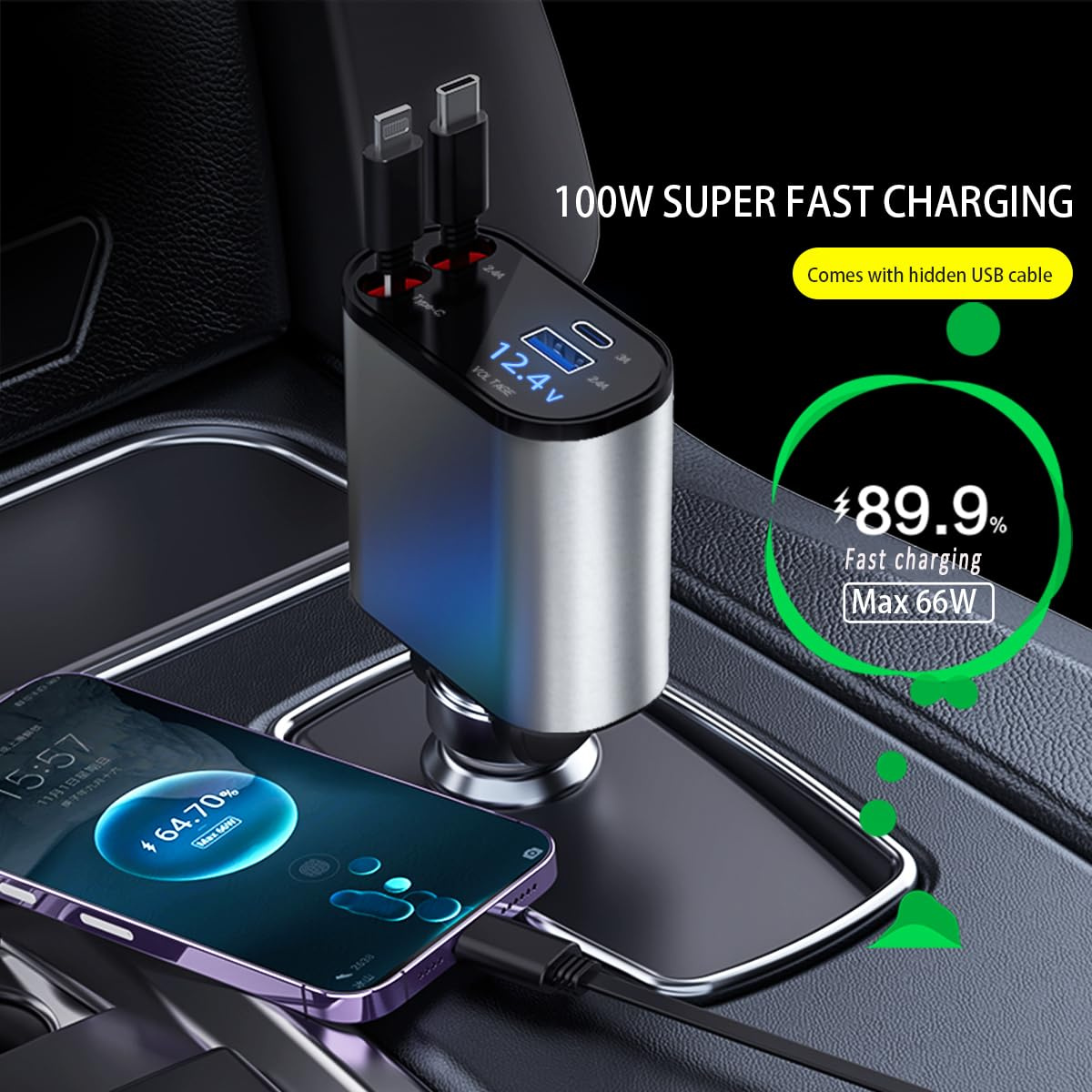 Silbernes und schwarzes Autoladegerät mit Digitalanzeige, das ein Telefon mit einem Kabel lädt.