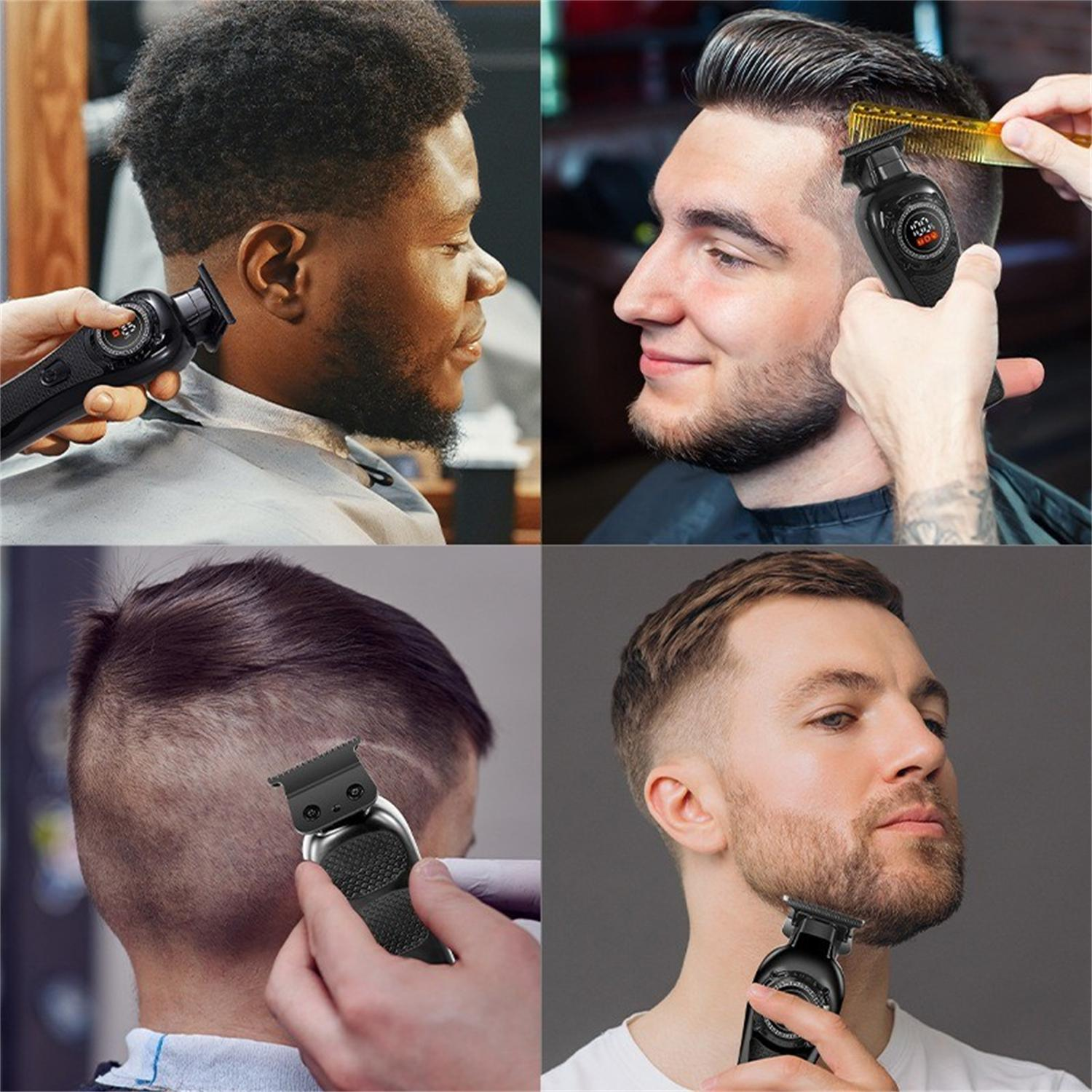 Vier Bilder von Männern, die sich mit Haarschneidern die Haare schneiden lassen.