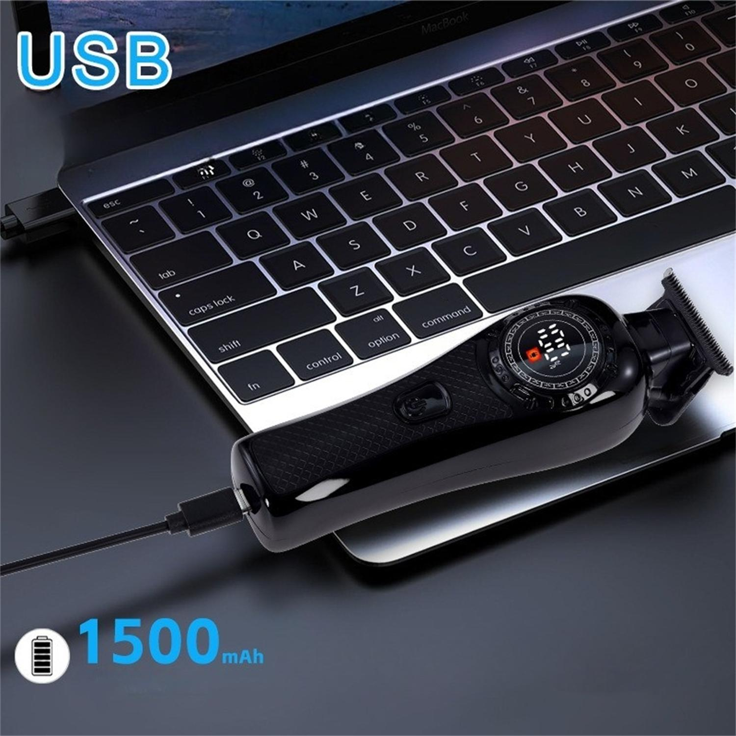 Schwarzer Haarschneider, der über USB an einem Laptop geladen wird, mit 1500mAh Akku-Symbol.