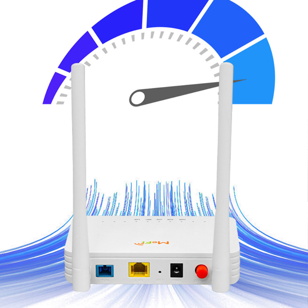 Weißer Router mit zwei Antennen, einem Geschwindigkeitsanzeiger und grafischen Elementen.