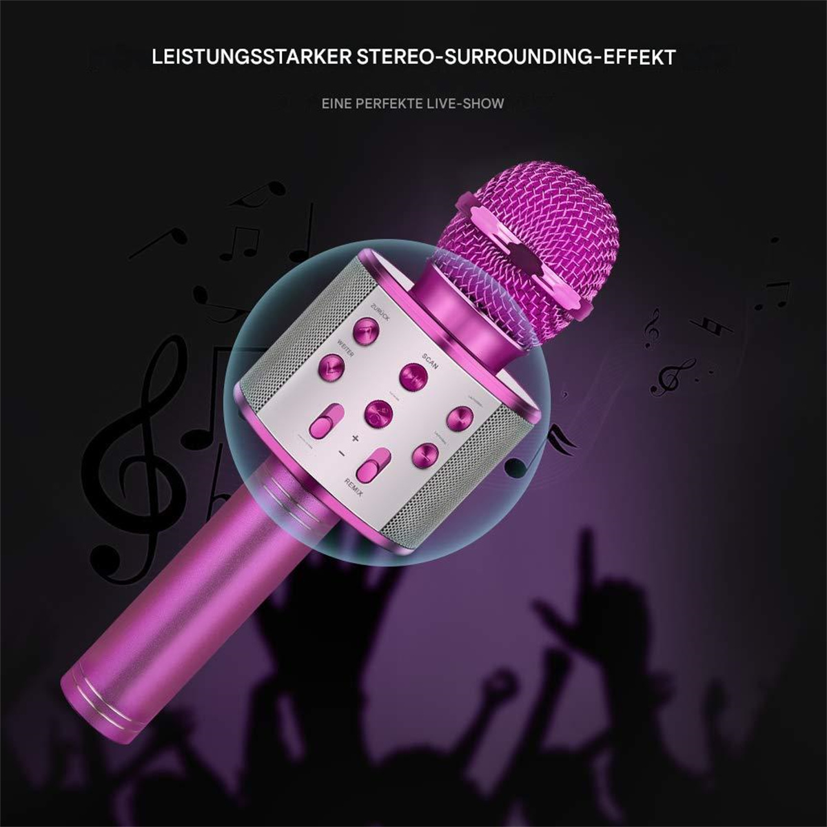 Pinkes Karaoke-Mikrofon mit Steuertasten vor einem Hintergrund mit Noten.