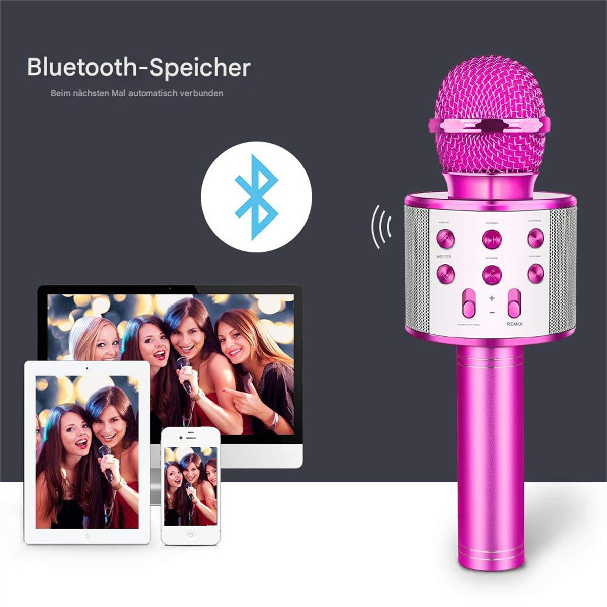 Pinkes Karaoke-Mikrofon mit Steuertasten und einer Bluetooth-Pairing-Grafik.