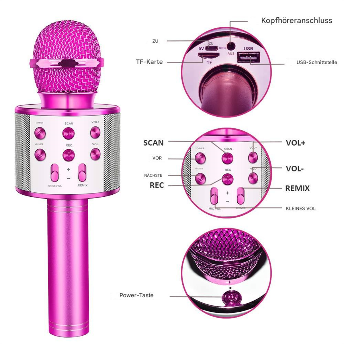 Nahaufnahme eines pinken Karaoke-Mikrofons mit Bedienelementen und Anschlüssen.