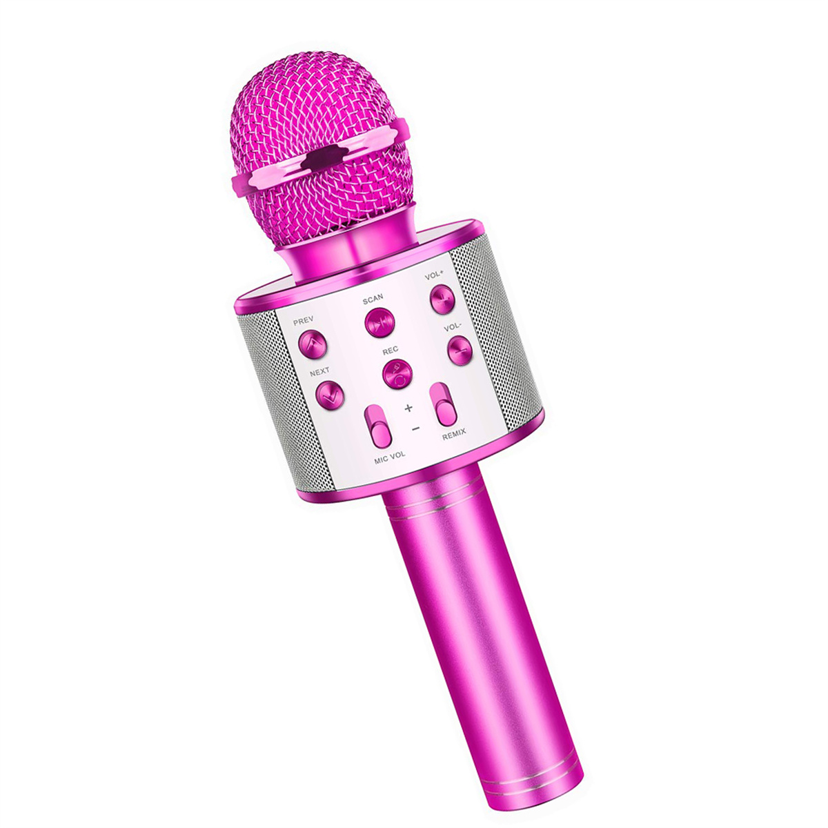 Pinkes Karaoke-Mikrofon angewinkelt, mit Steuertasten, isoliert auf weißem Hintergrund.