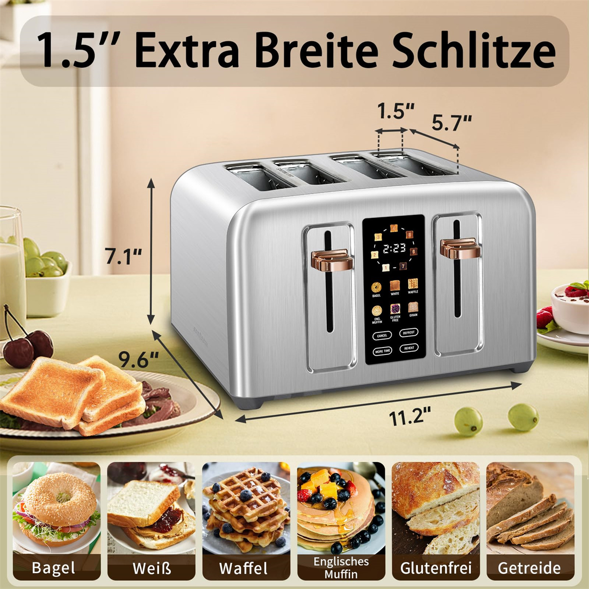 Toaster mit Brot, Abmessungen und Bildern verschiedener Brotsorten.