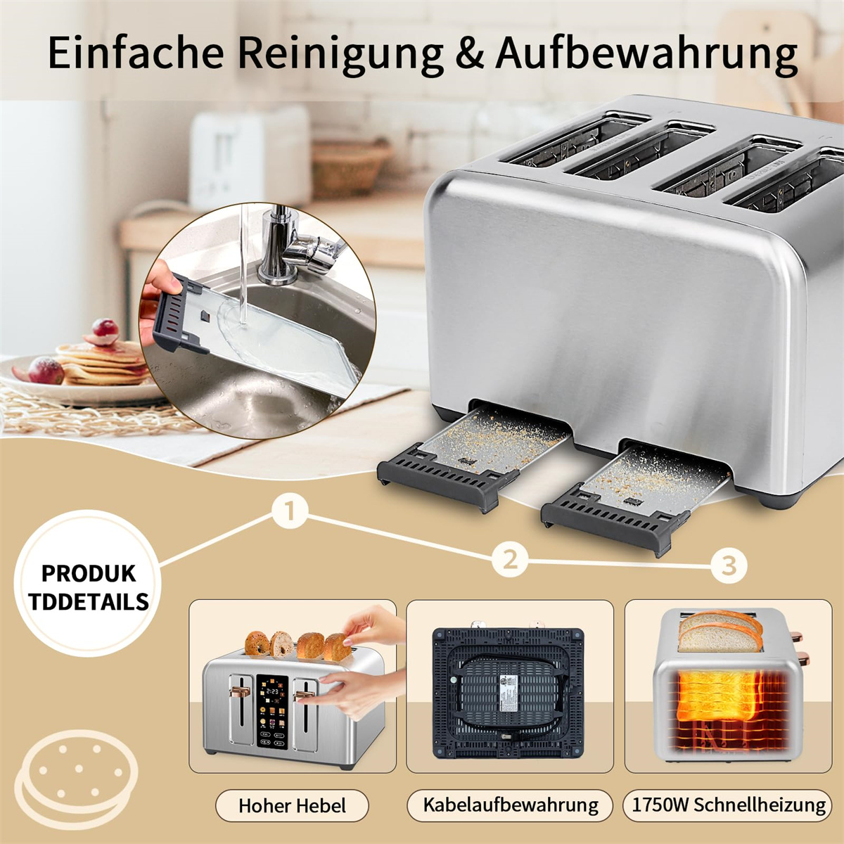 Toaster mit abnehmbaren Teilen zur Reinigung, mit visuellen Details und Symbolen.