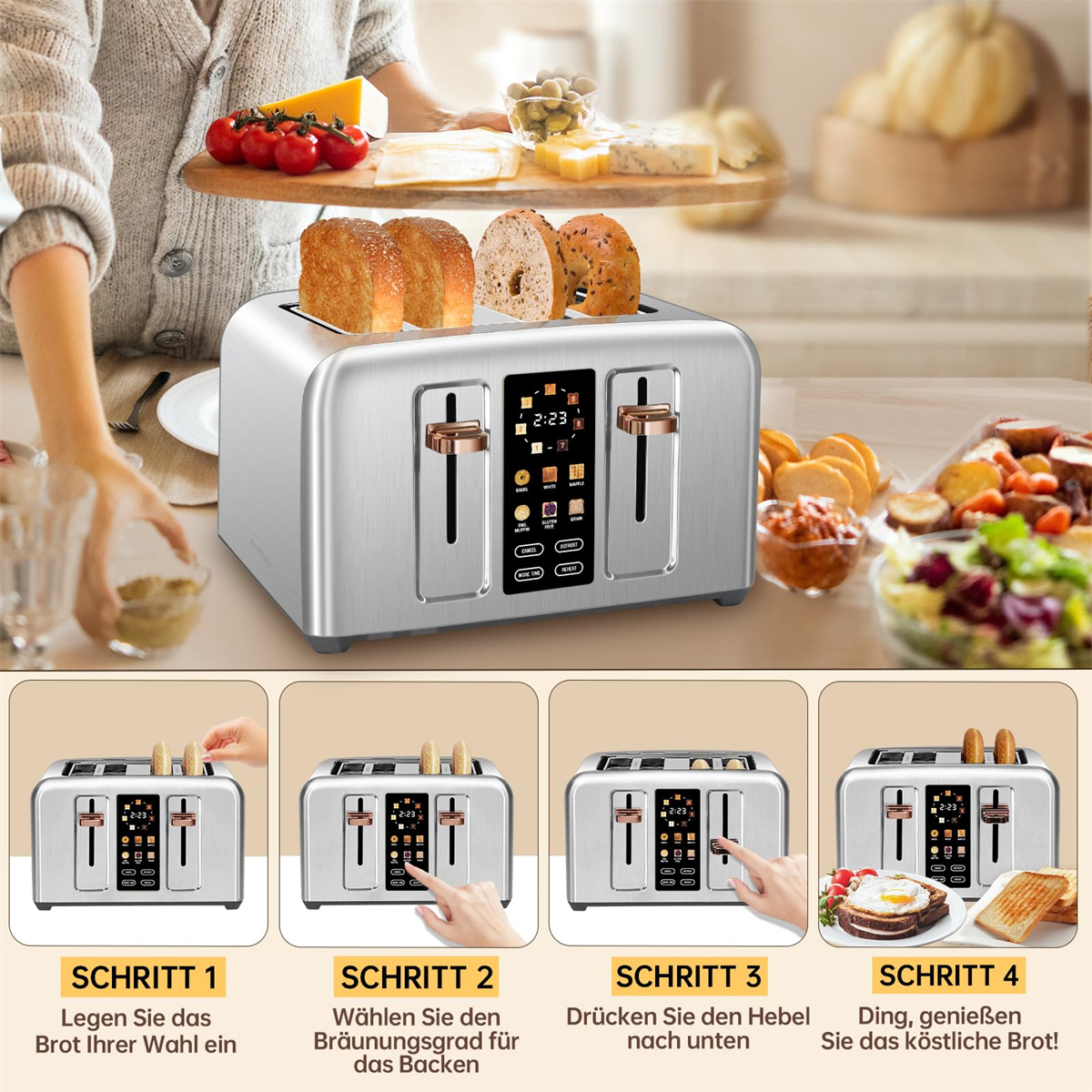 Ein silberner Toaster mit vier Schlitzen steht auf einem Tisch mit Brotscheiben. Essen ist drumherum.