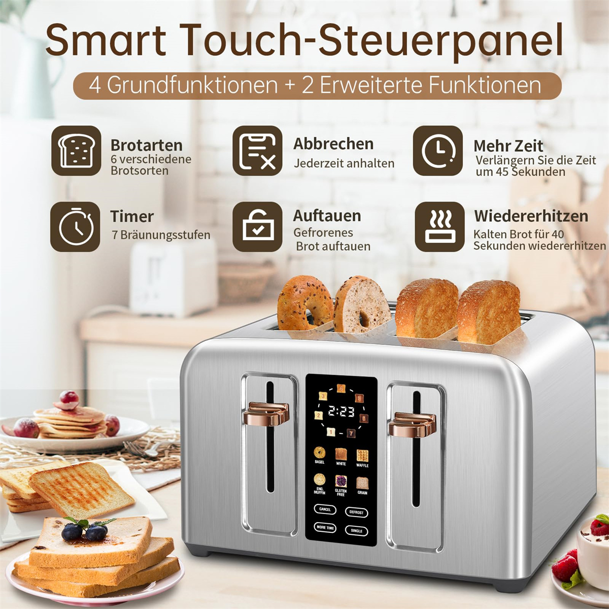 Silberner und schwarzer Toaster mit verschiedenen Funktionen. Toast und Display sind sichtbar.