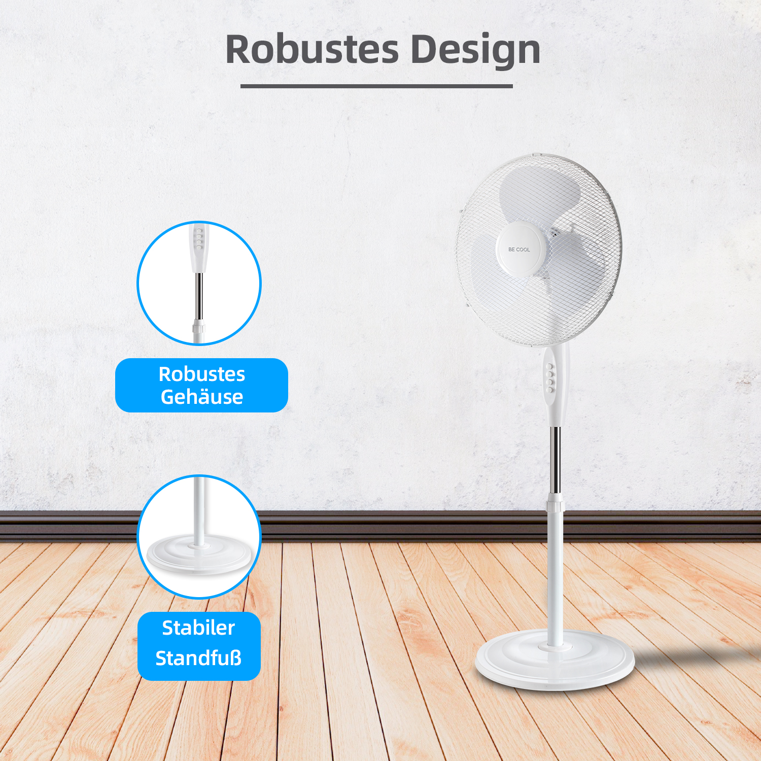 Weißer Standventilator auf Holzboden vor einer weißen Wand. Der Ventilator hat ein robustes Design.