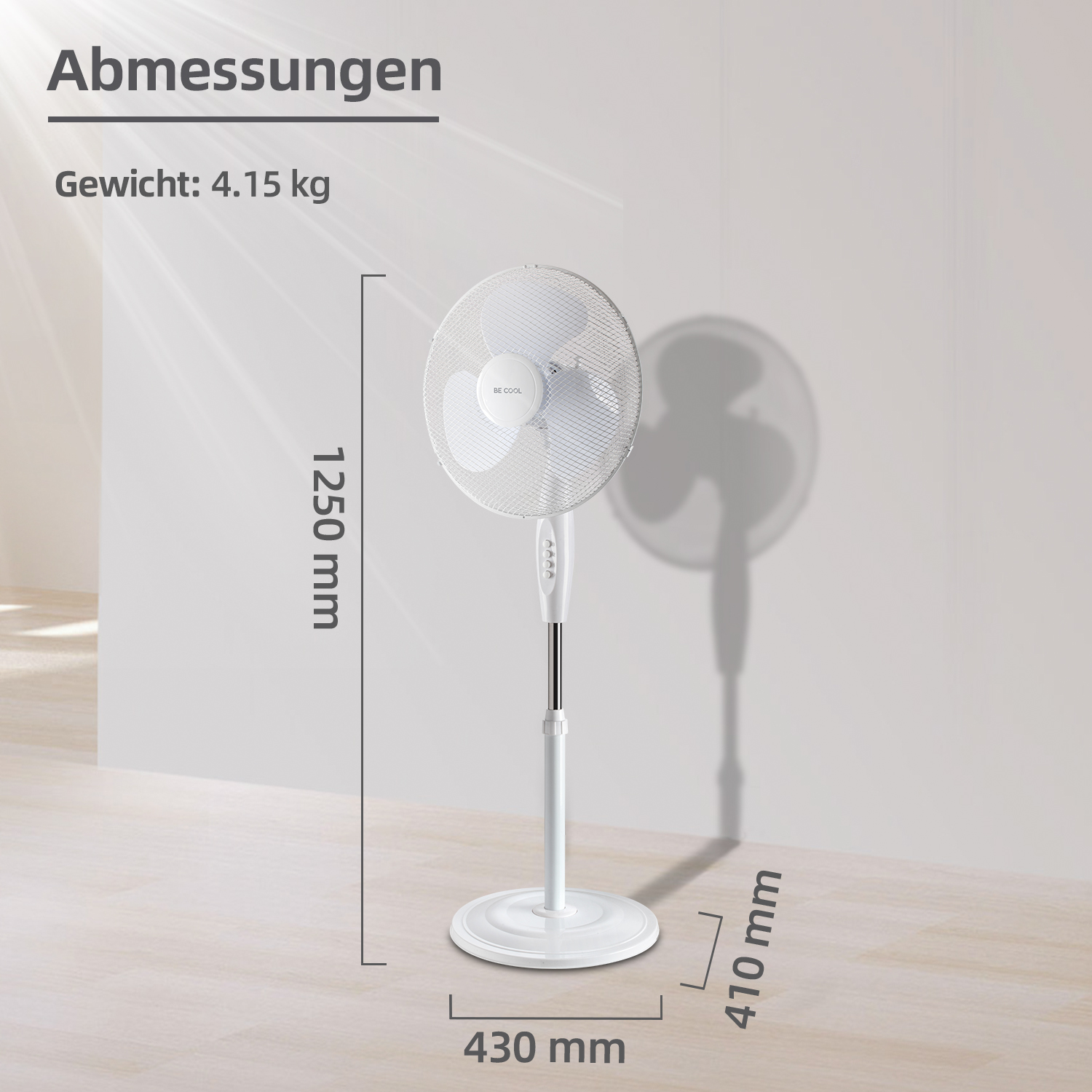 Weißer Standventilator mit Maßen. Der Ventilator steht vor weißem Hintergrund und hat einen Schatten.