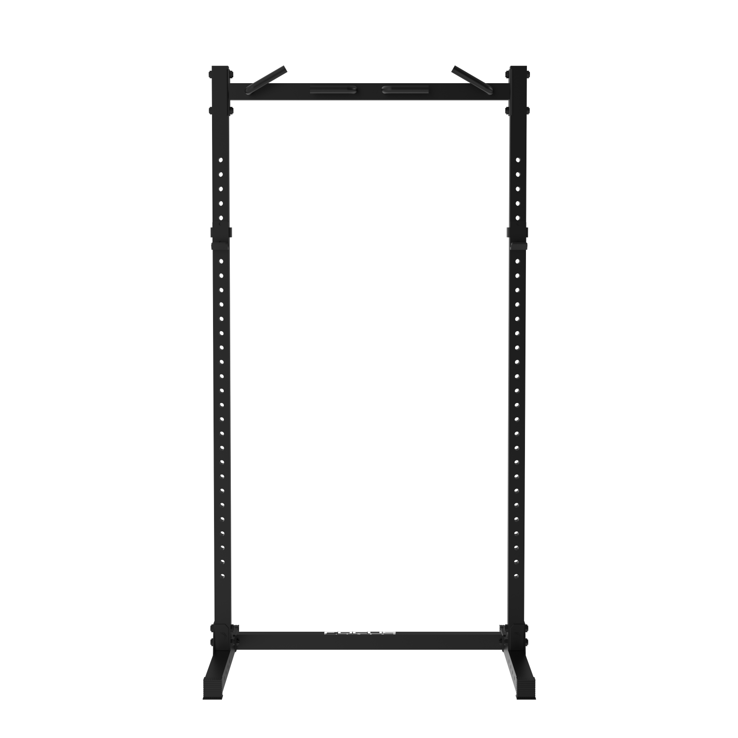 Rack de musculation noir avec barre de traction, sur fond noir.