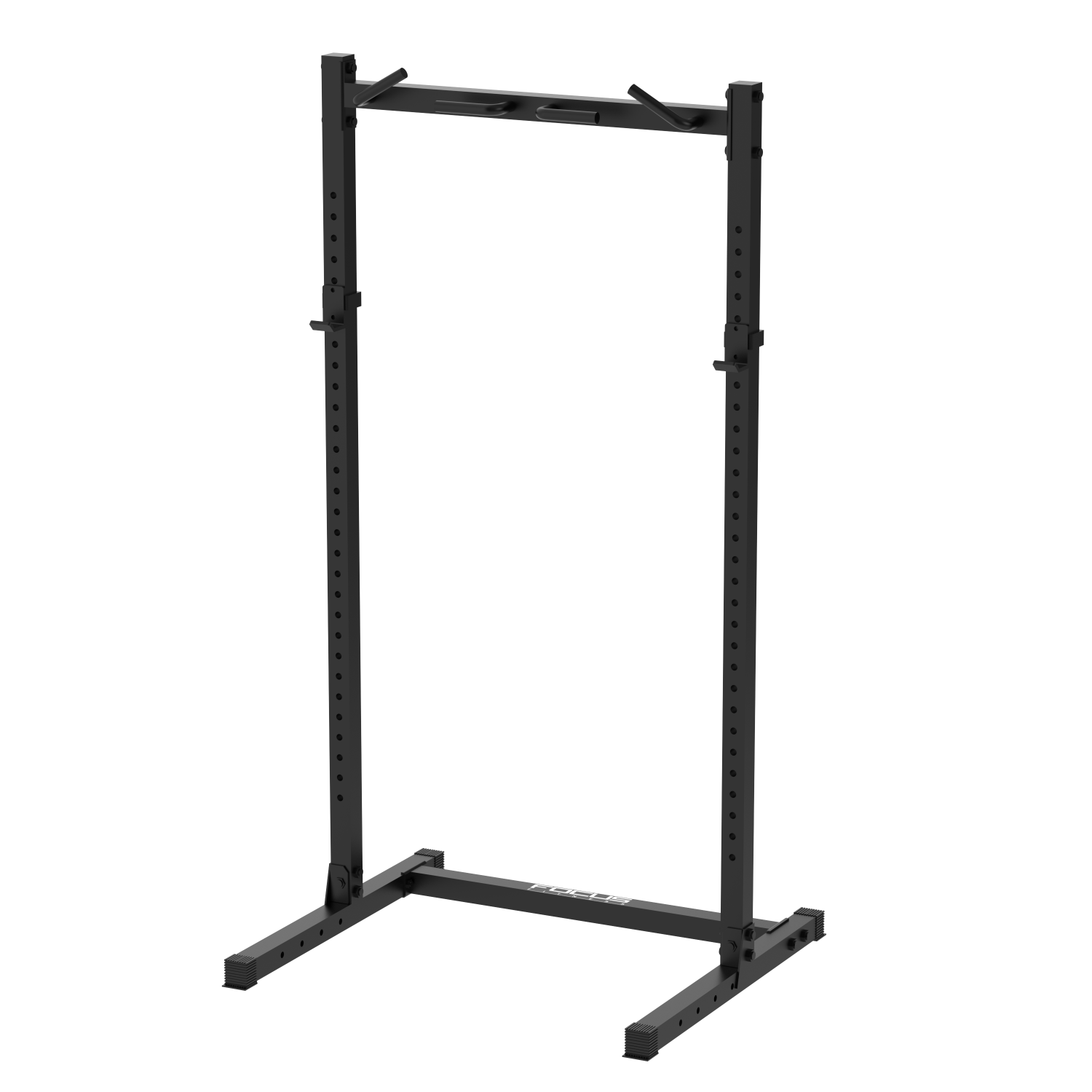 Un rack noir pour tractions et squats se dresse sur un fond blanc.