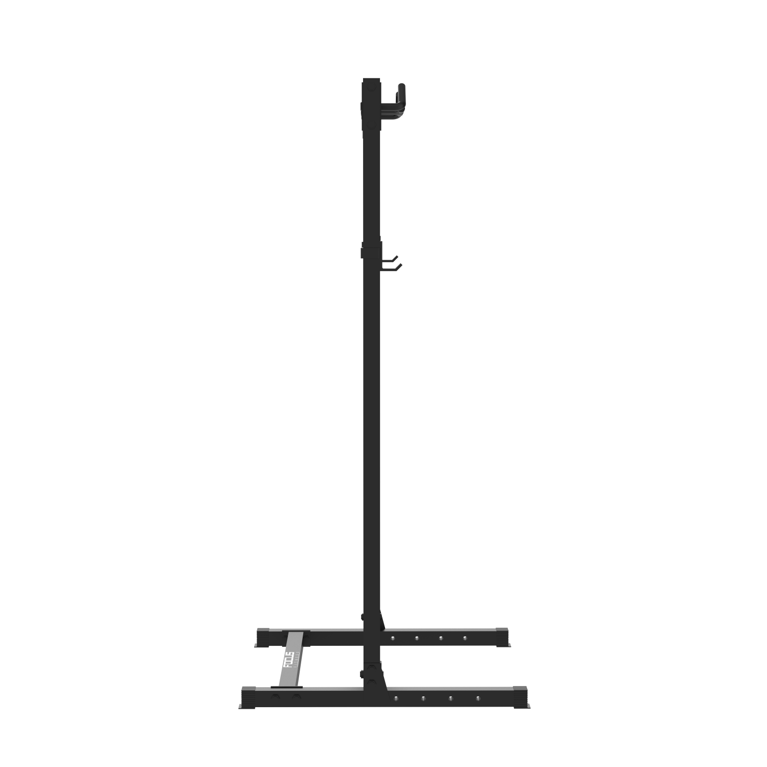Un rack noir pour tractions et squats se dresse sur un fond noir.