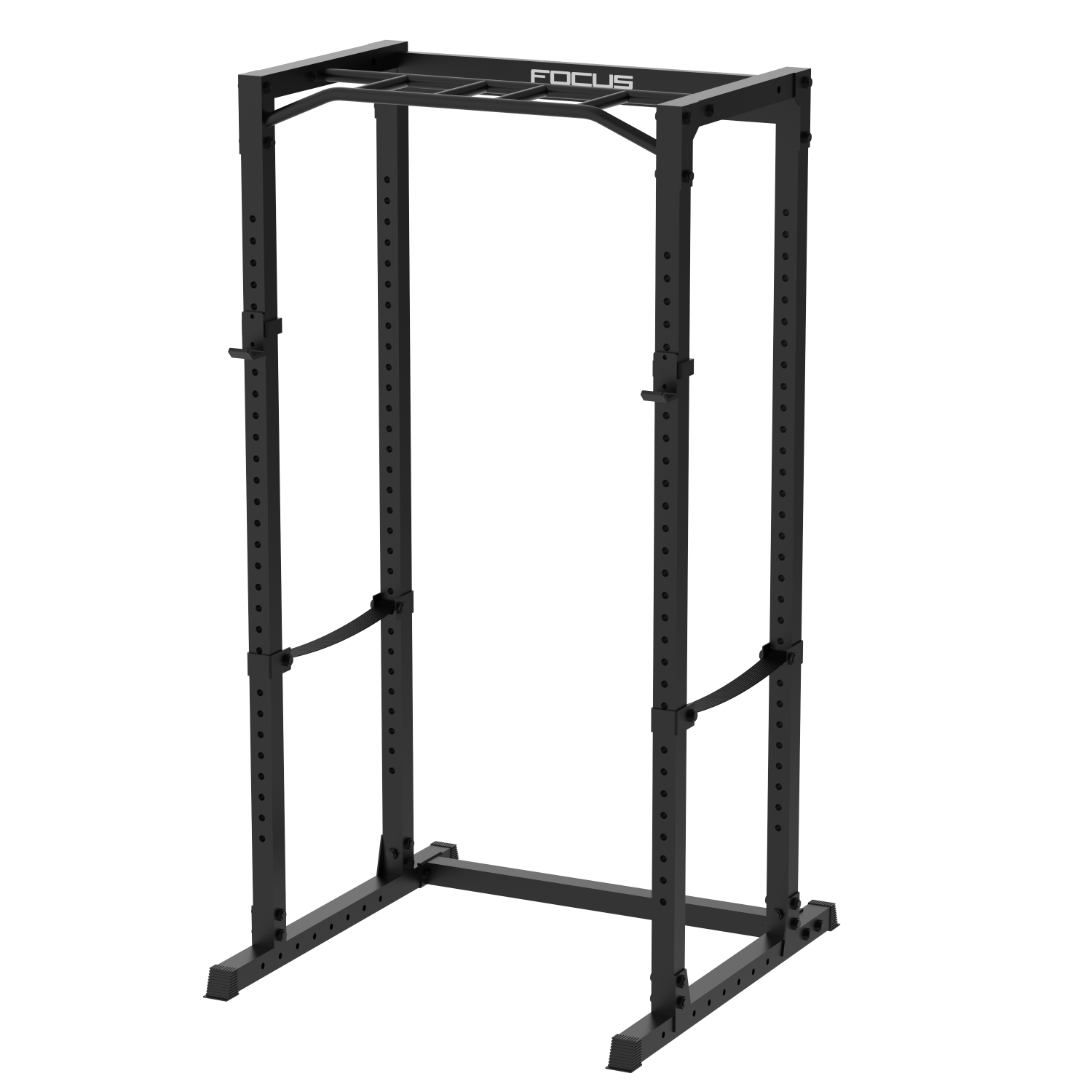 Zwart metalen gewichtenrek. Het heeft gaten voor gewichten en het woord 'FOCUS'.