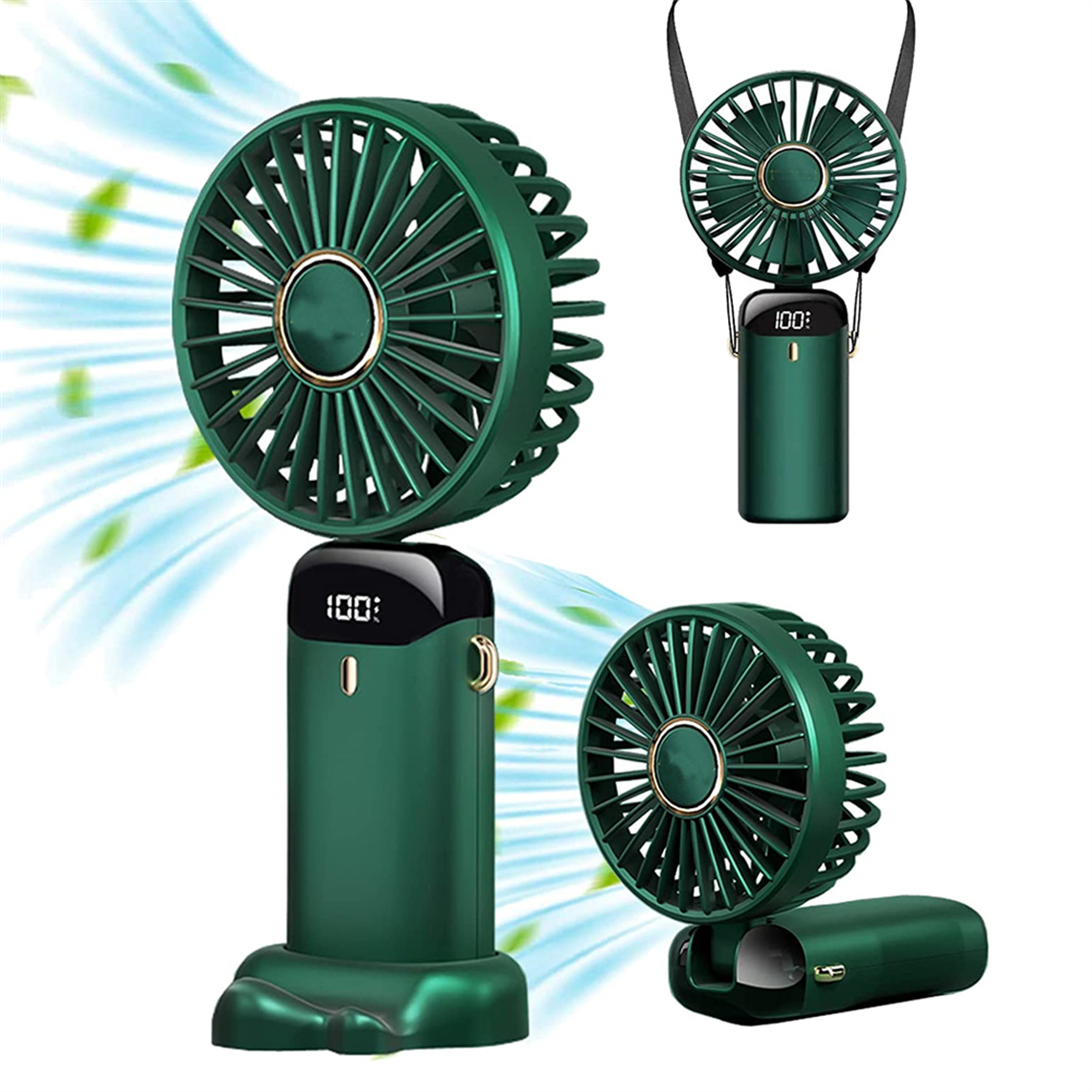 Drei tragbare Ventilatoren: Handheld, hängend und gefaltet. Alle dunkelgrün mit Digitalanzeige.