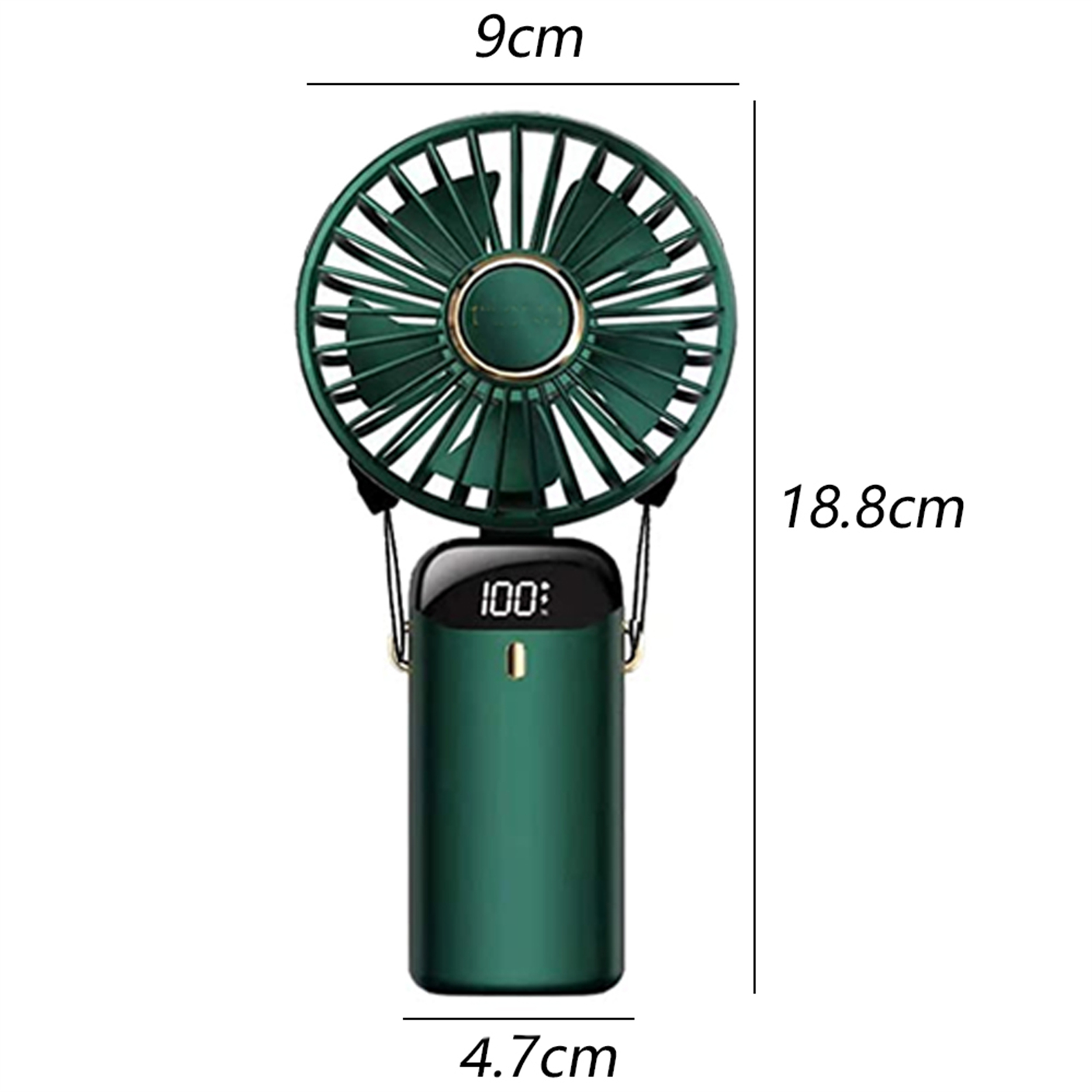 Grüner Handventilator. Er hat eine digitale Anzeige und Abmessungen werden angezeigt.