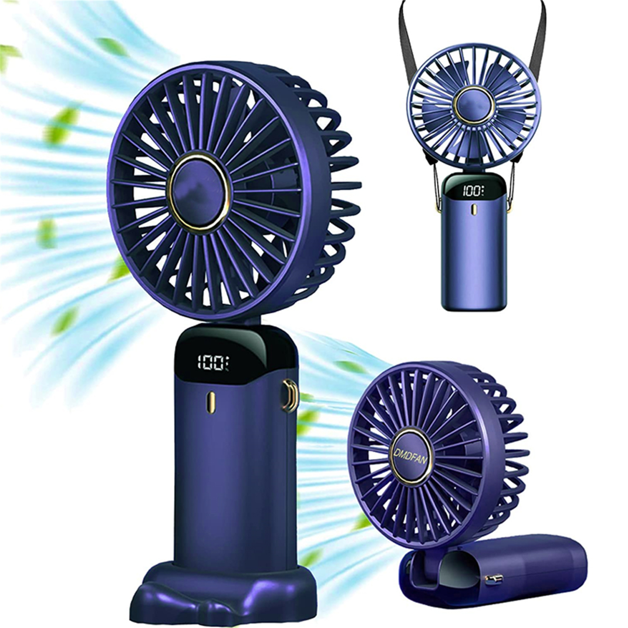 Drei tragbare Ventilatoren: Handheld, hängend und gefaltet. Alle dunkelblau mit Digitalanzeige.