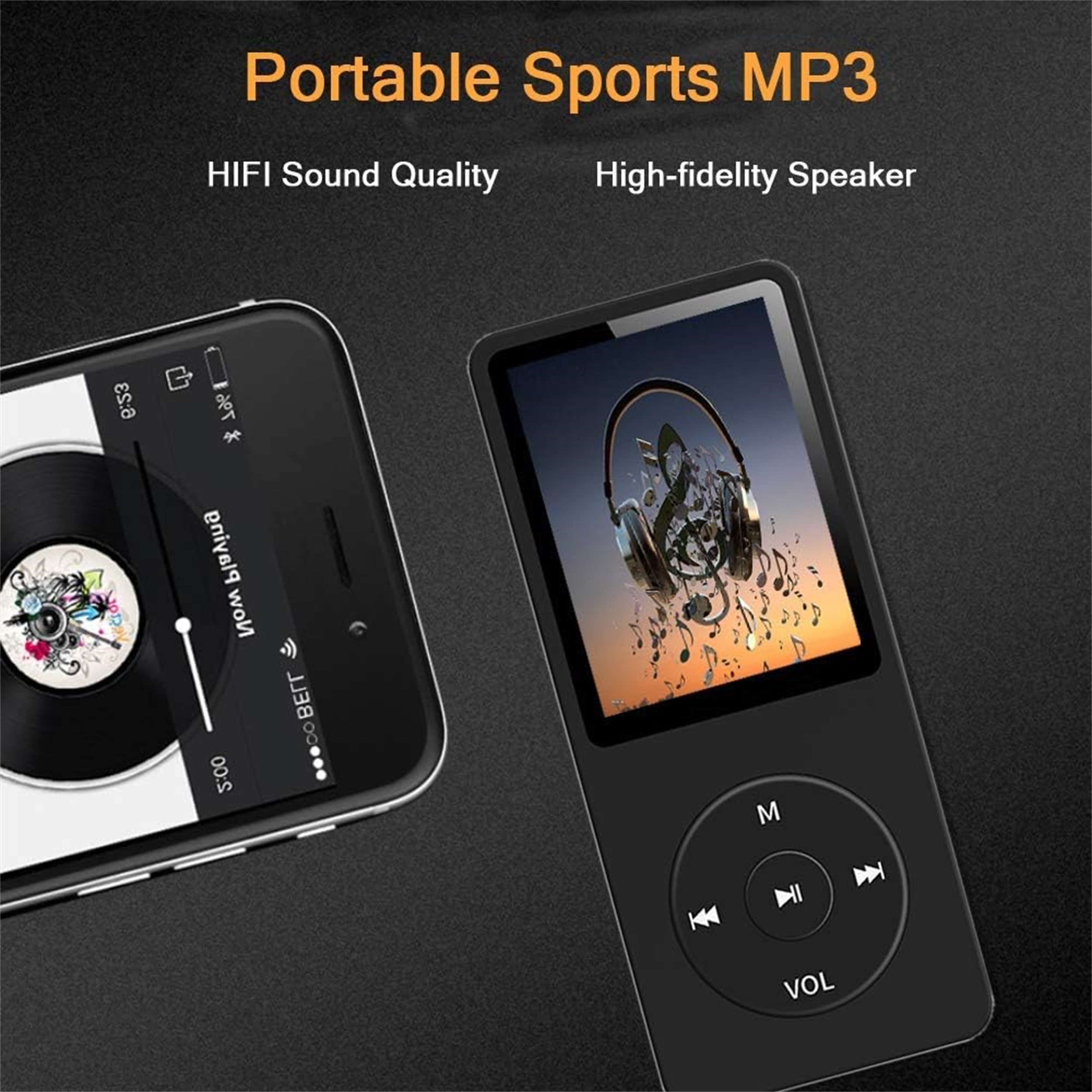 Schwarzer MP3-Player mit Bildschirm. Vinyl links. Kopfhörer-Grafik rechts.