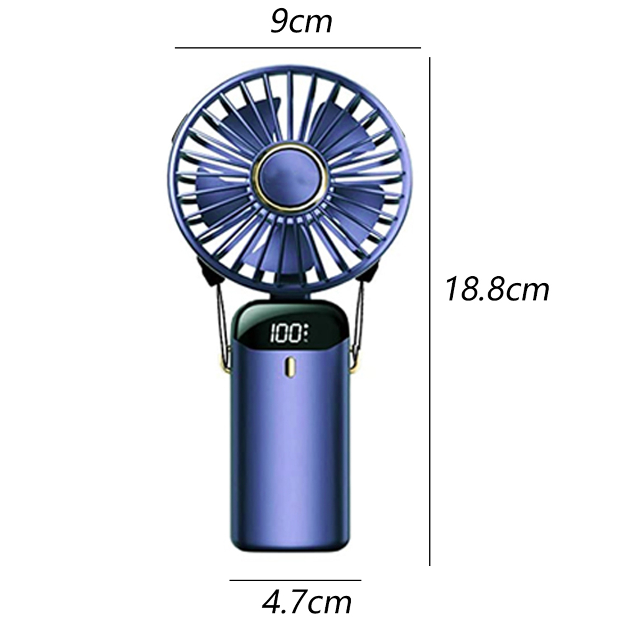 Blauer tragbarer Ventilator mit Abmessungen. Er ist 9 cm breit, 18,8 cm hoch und 4,7 cm tief.