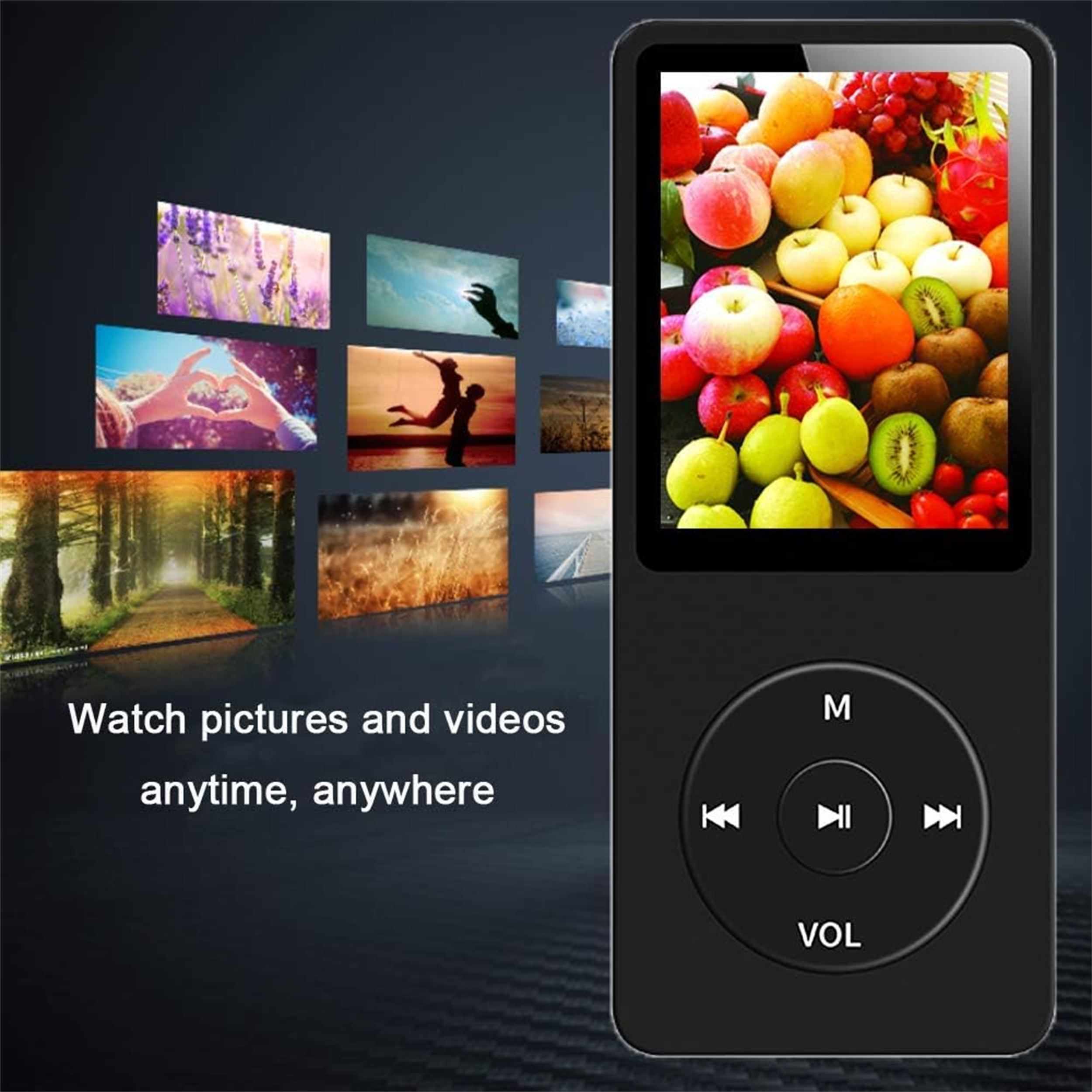 Schwarzer MP3-Player, der Bilder und Videos anzeigt. Verschiedene Bilder sind um ihn herum zu sehen.