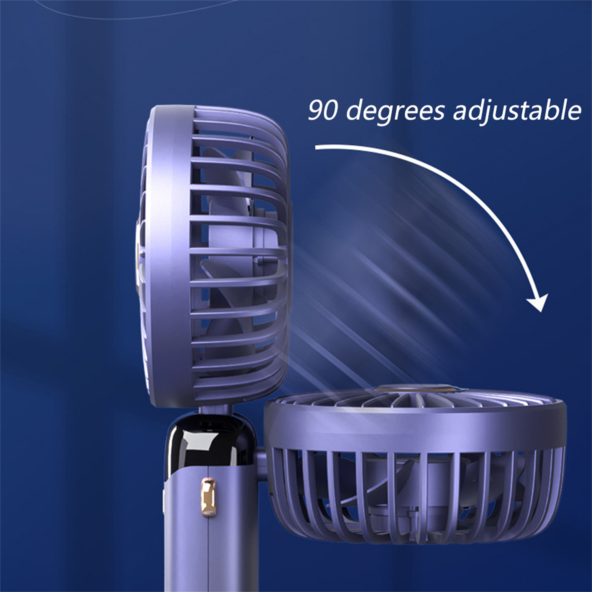 Lila Ventilator mit zwei Drehköpfen. Auf 90 Grad einstellbar. Blauer Hintergrund.