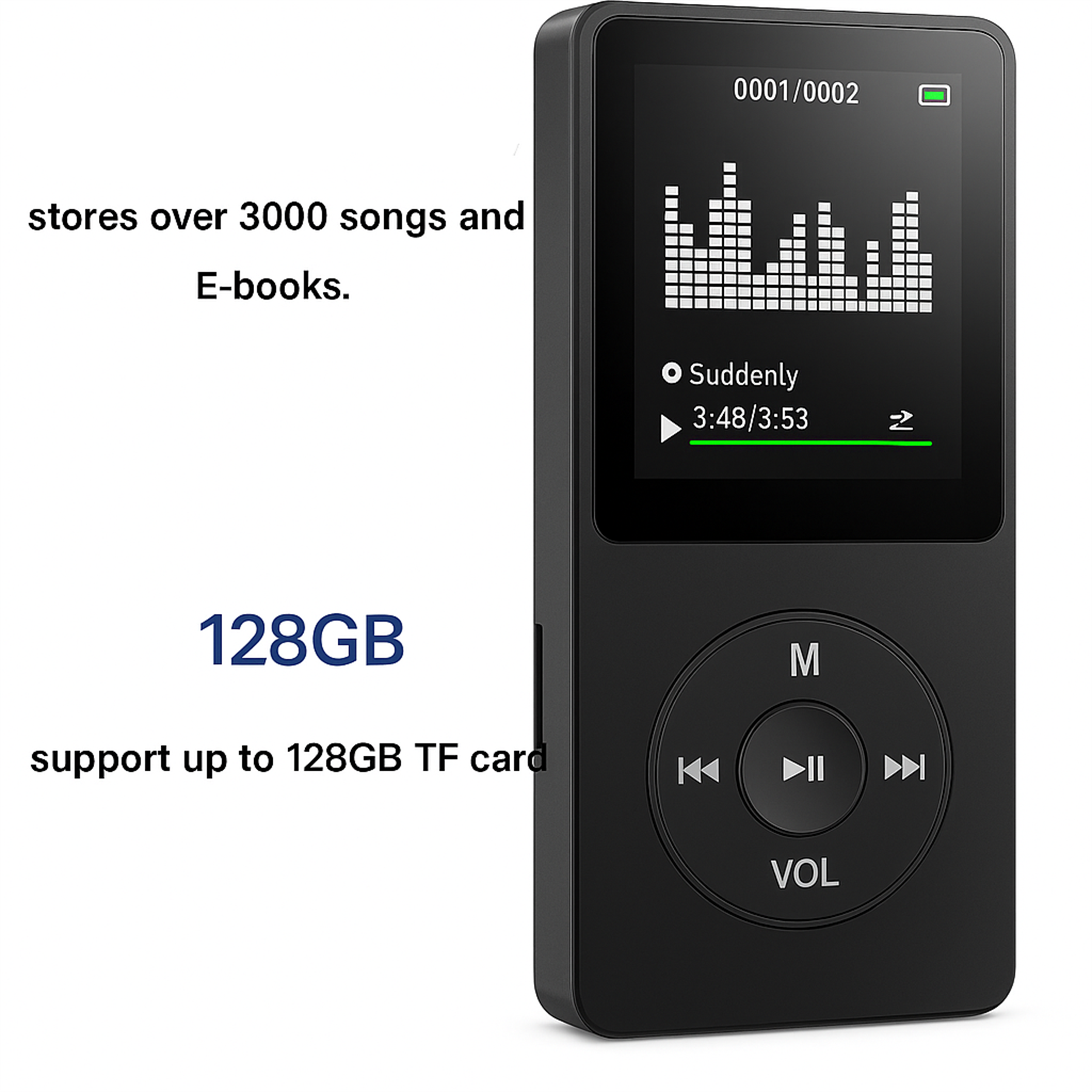 Schwarzer MP3-Player mit Bildschirm, der Musikinformationen und Wiedergabesteuerungen anzeigt. Text zeigt Speicherkapazität an.