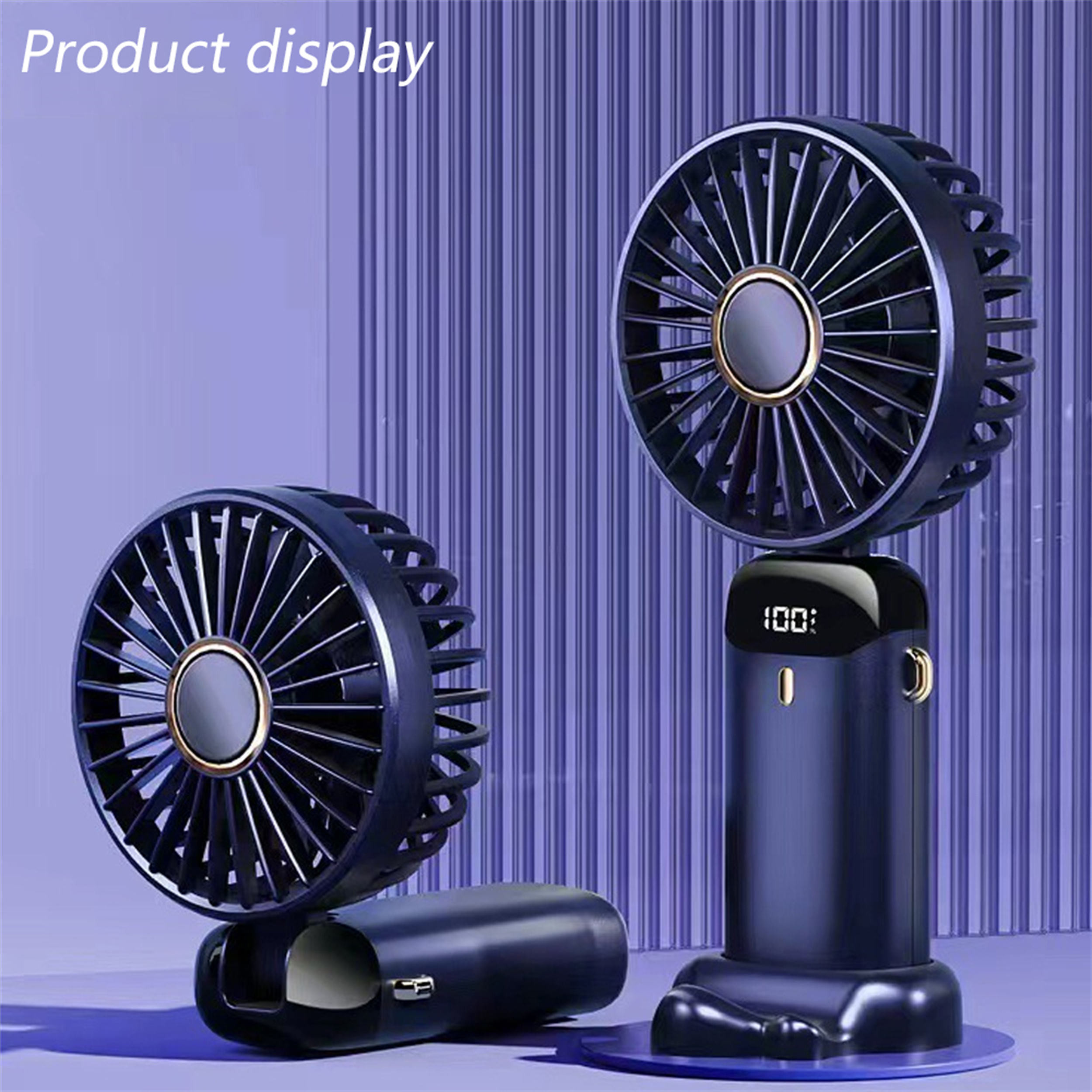 Produktdarstellung von drei Ventilatoren. Zwei sind geöffnet, einer ist geschlossen. Alle Ventilatoren sind marineblau.