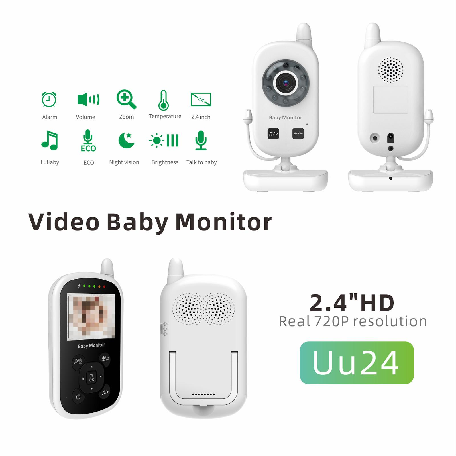 Video-Babyphone-Set mit Kamera und Bildschirm. Symbole für Alarm, Lautstärke, Zoom und Temperatur. Text: 2,4" HD-Auflösung.