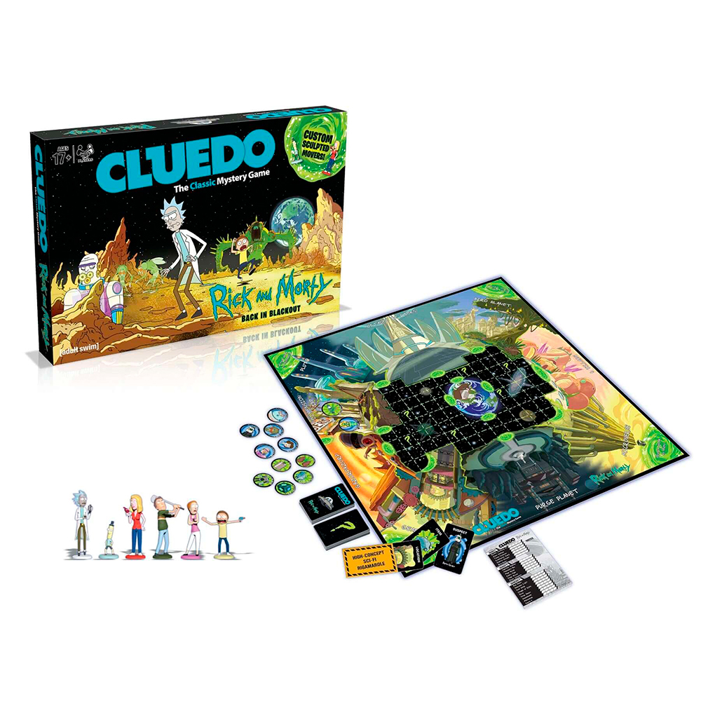 Cluedo Rick and Morty Spielbox und Spielbrett. Figuren und Karten sind abgebildet. Das Spiel ist im Weltraumthema.