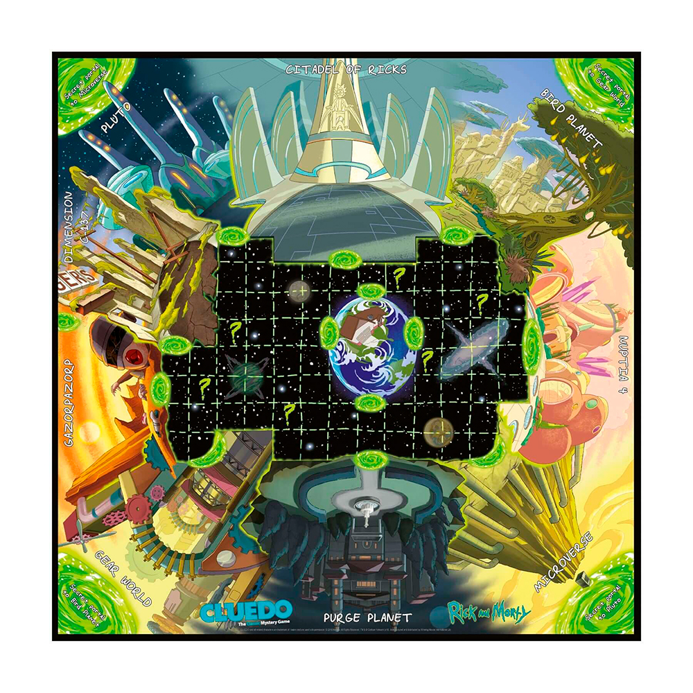 Ein Cluedo-Brettspiel. Das Brett ist eine Karte einer futuristischen Stadt. Die Spielsteine ​​liegen auf dem Tisch.