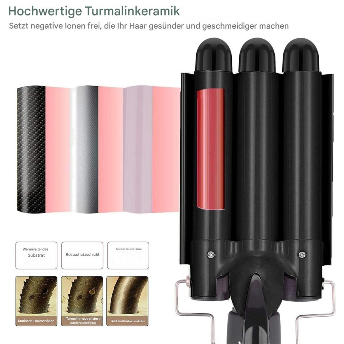Schwarzes Dreifach-Haarwellgerät mit rotem Heizelement. Diagramme zeigen das Haar vor und nach dem Wellen.
