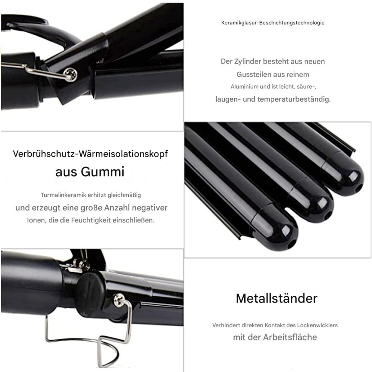 Nahaufnahme eines schwarzen Lockenstabes, der Details wie den Griff und die Heizelemente zeigt.